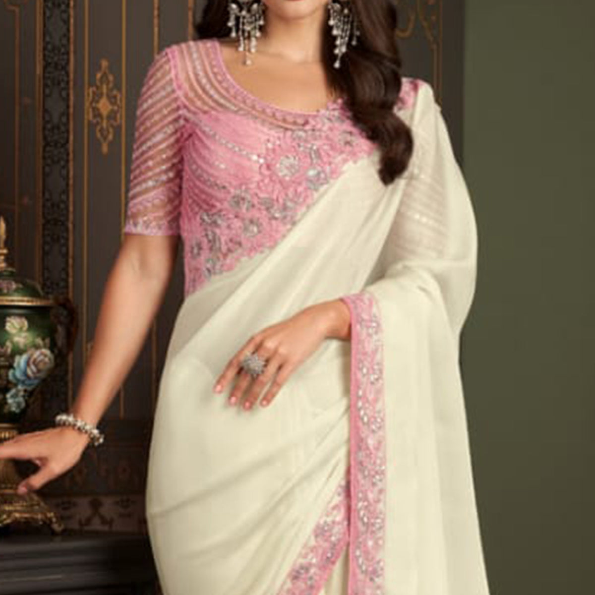 White Embroidered Satin Saree