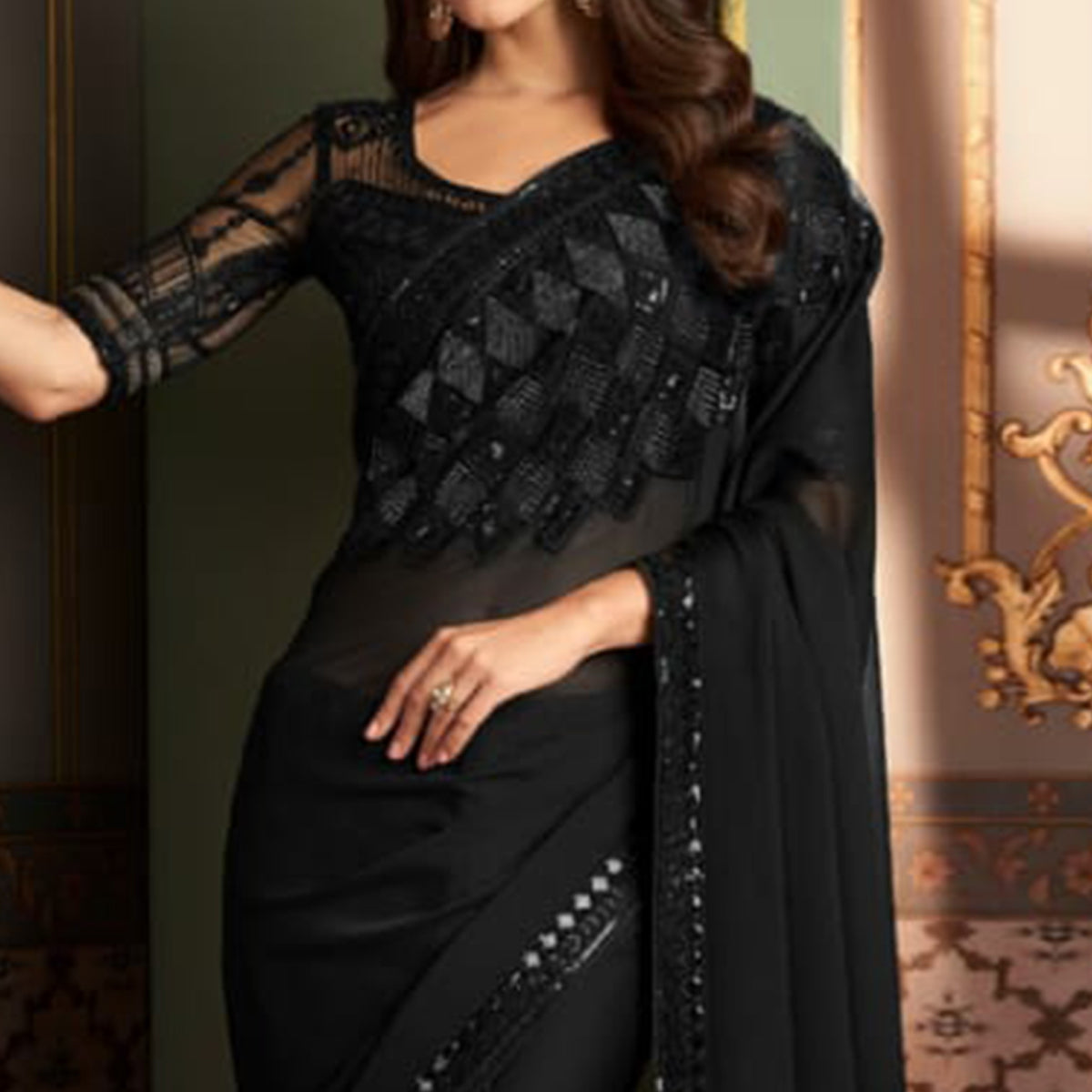 Black Embroidered Chiffon Saree