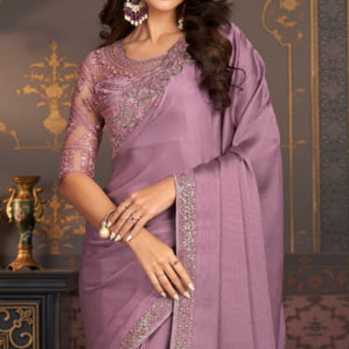 Mauve Embroidered Satin Saree