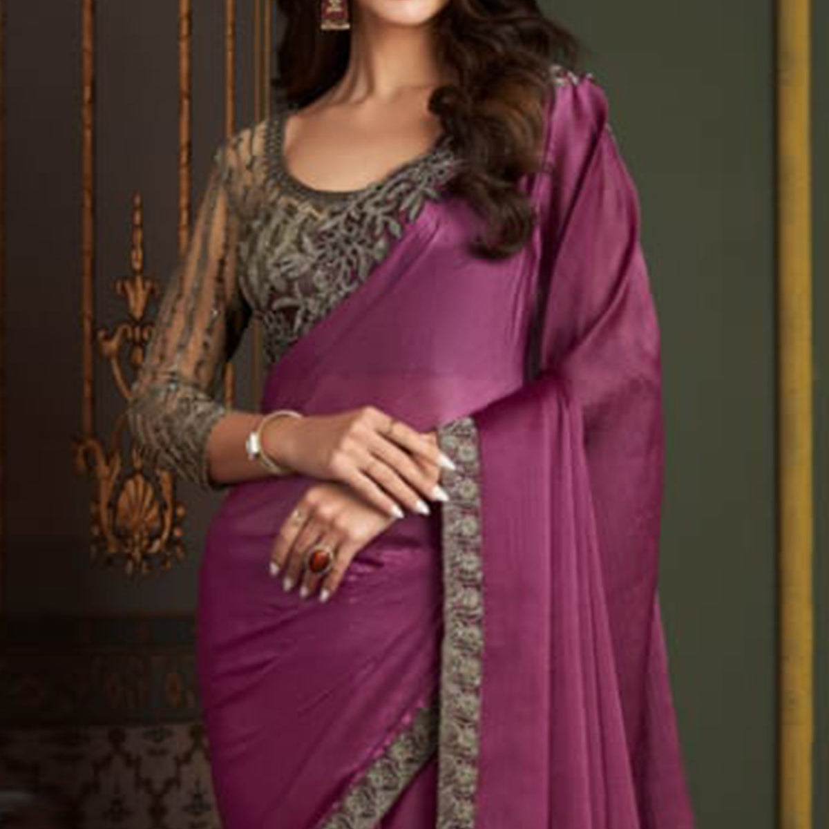 Purple Embroidered Satin Saree