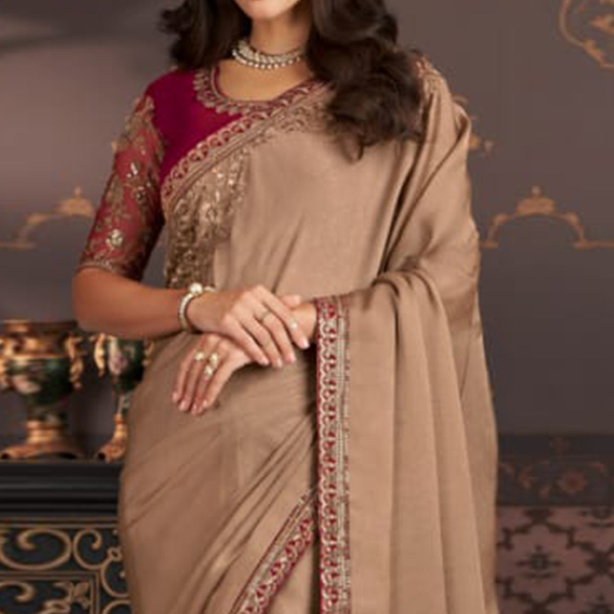 Beige Embroidered Satin Saree