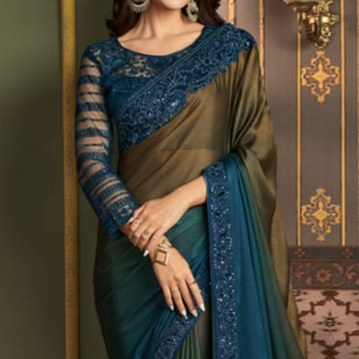 Teal Blue & olive Embroidered Satin Ombre Saree
