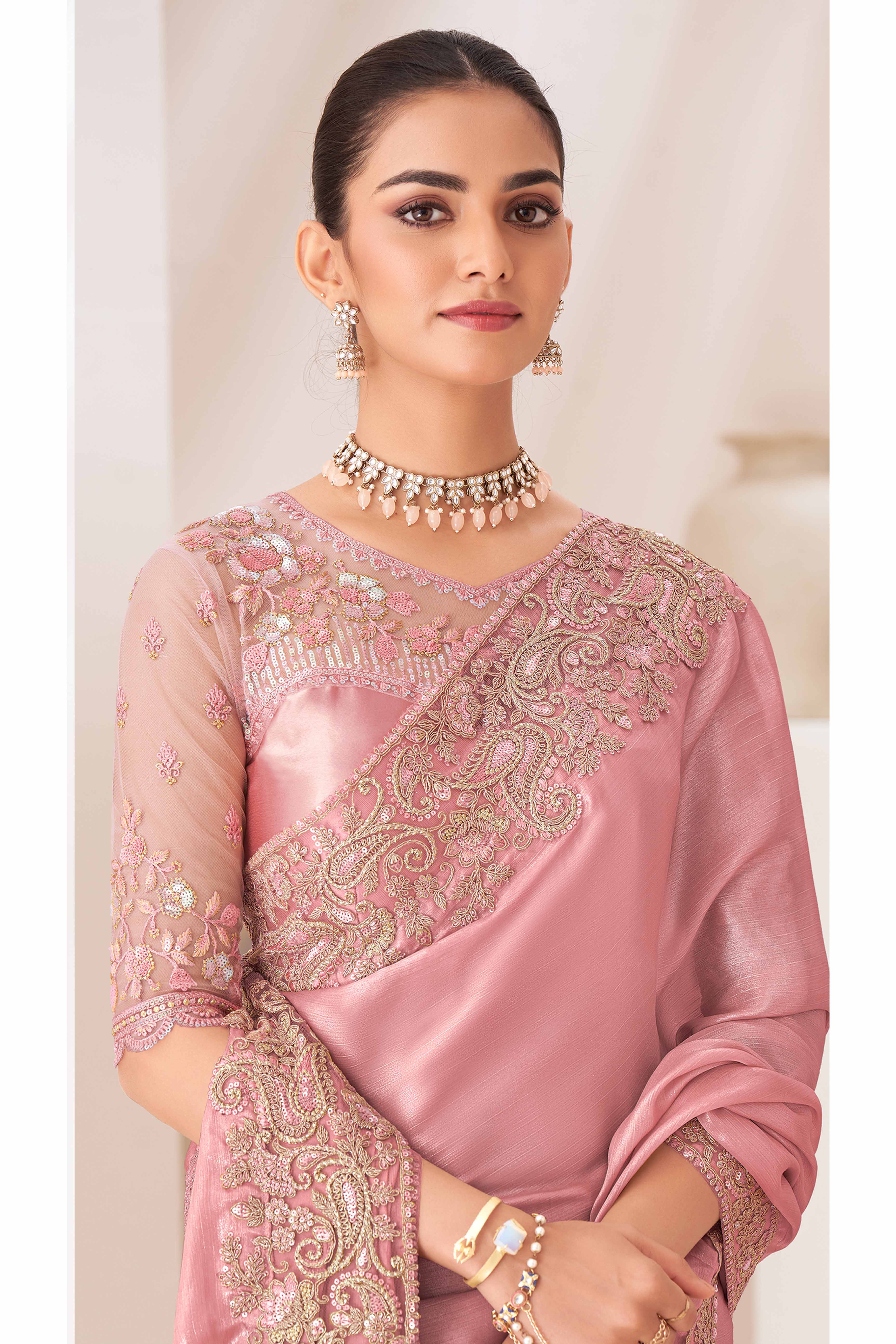 Peach Floral Sequins Embroidered Chiffon Saree