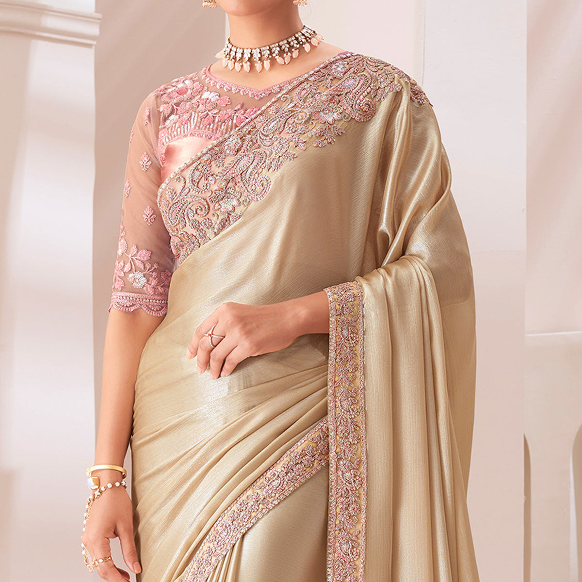 Beige Embroidered Chiffon Saree