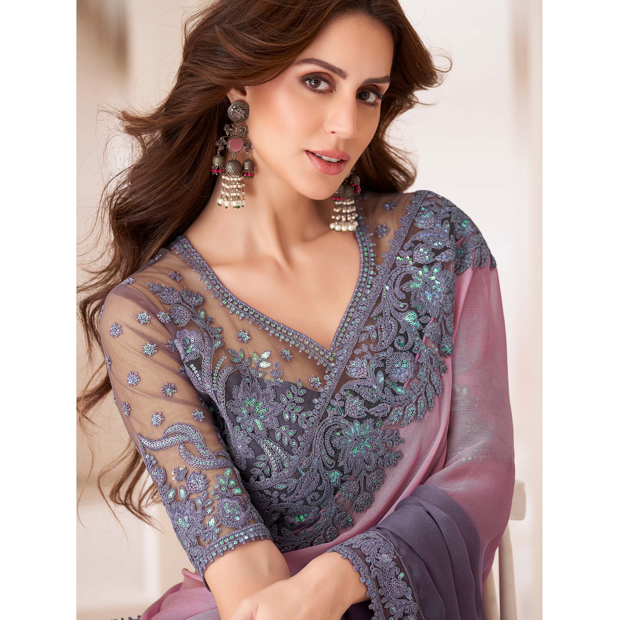 Pink & Lavender Embroidered Chiffon Saree