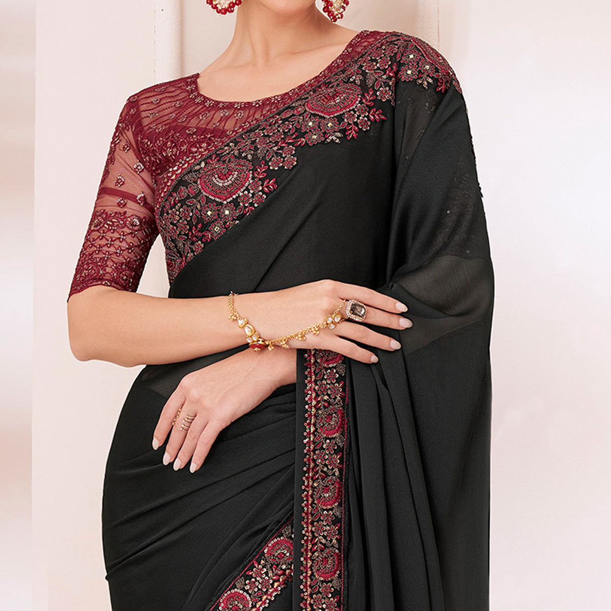 Black Embroidered Chiffon Saree
