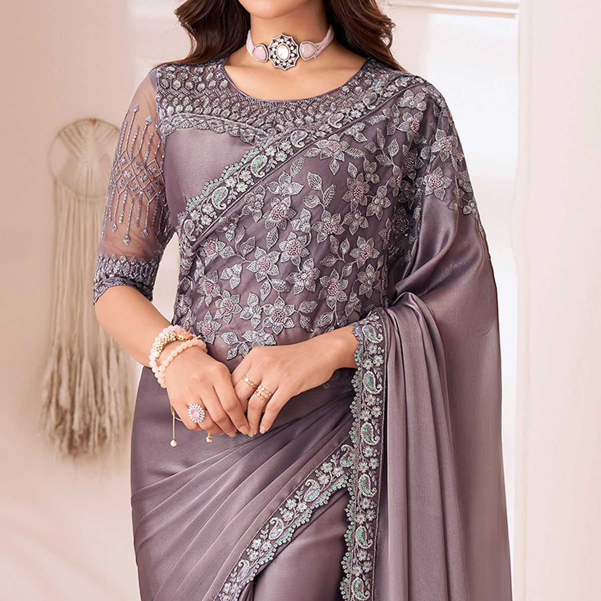 Dark Mauve Embroidered Satin Saree