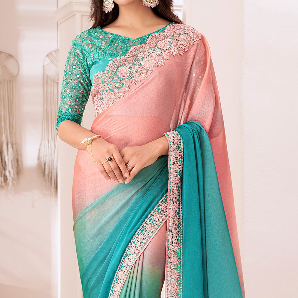 Peach & Turquoise Embroidered Chiffon Saree