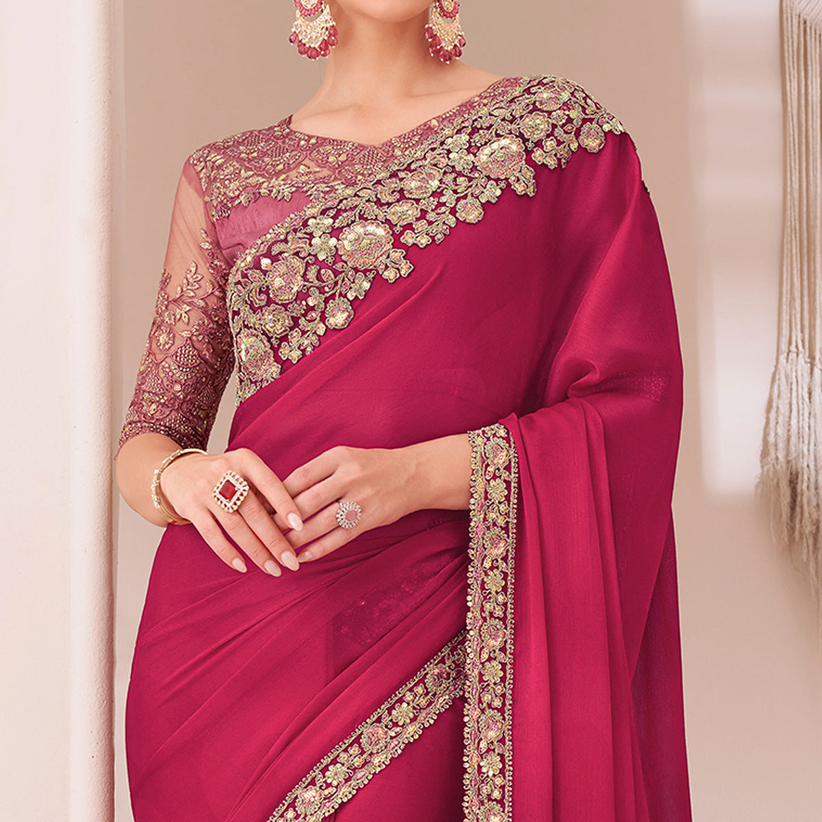 Pink Embroidered Chiffon Saree