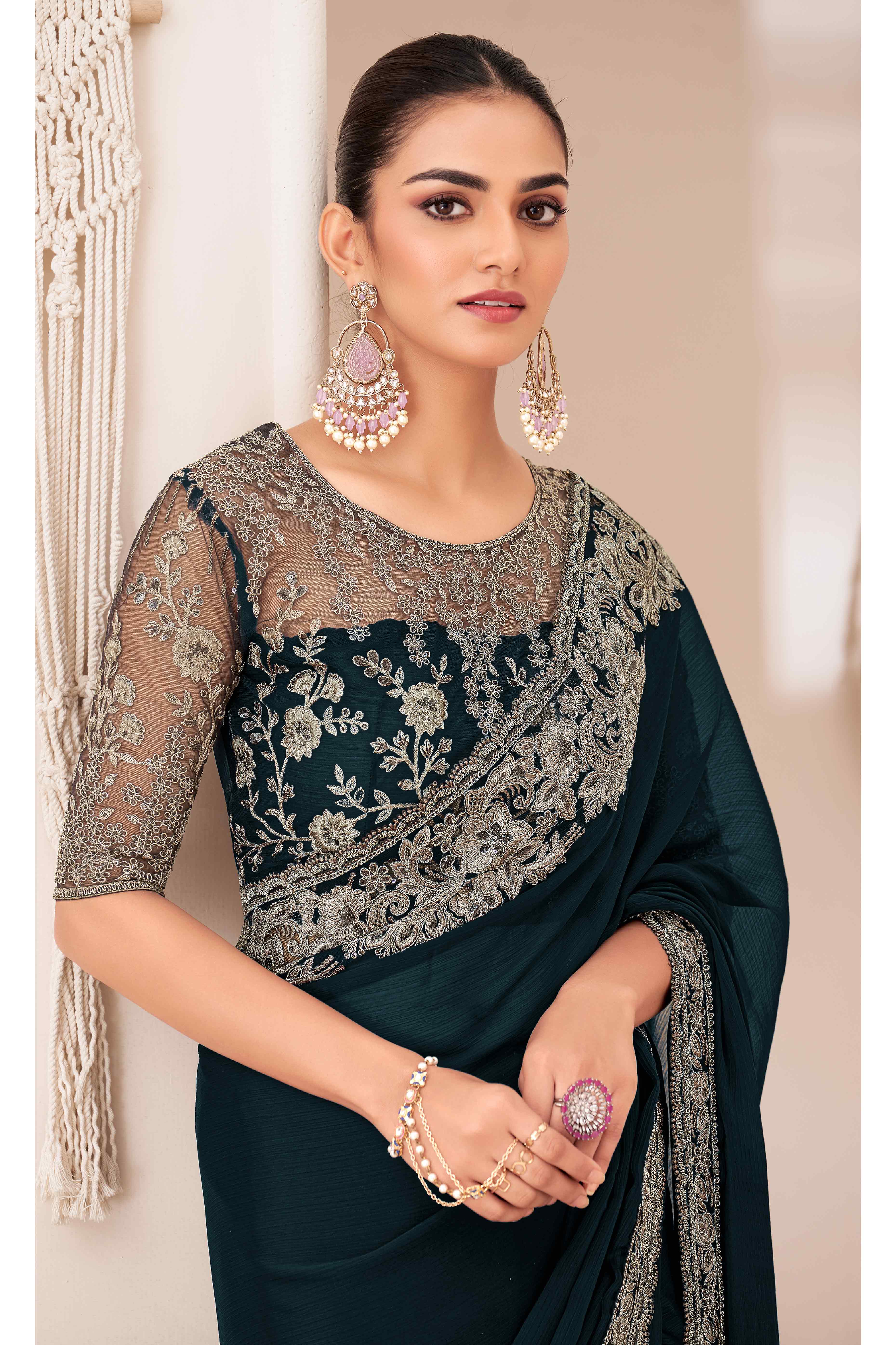 Teal Floral Sequins Embroidered Georgette Saree