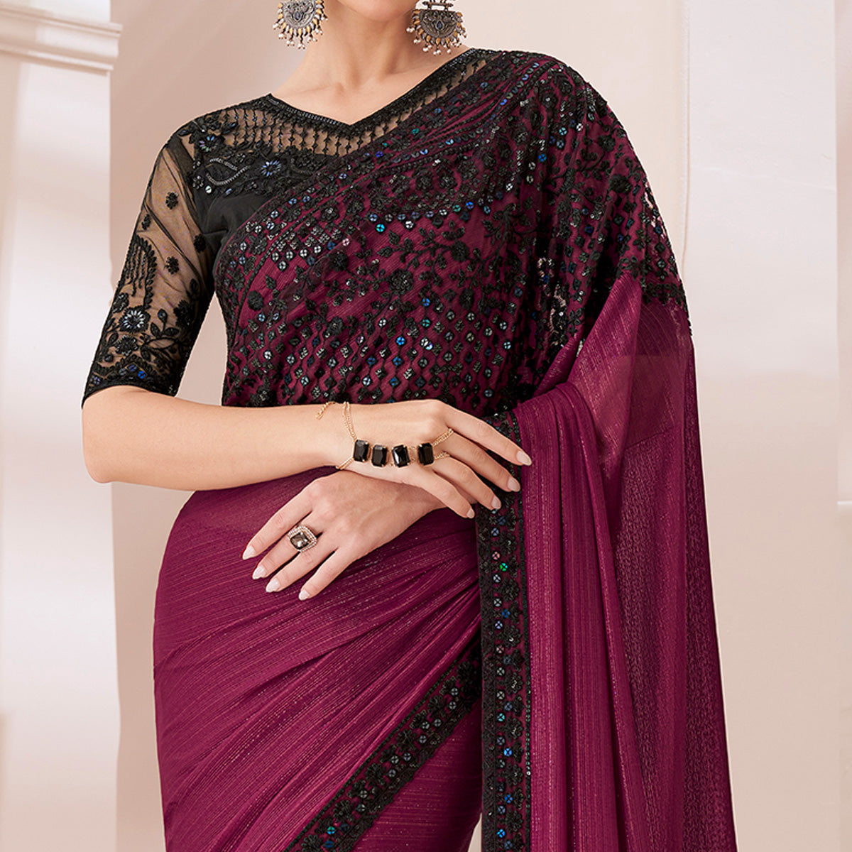 Wine Embroidered Georgette Saree