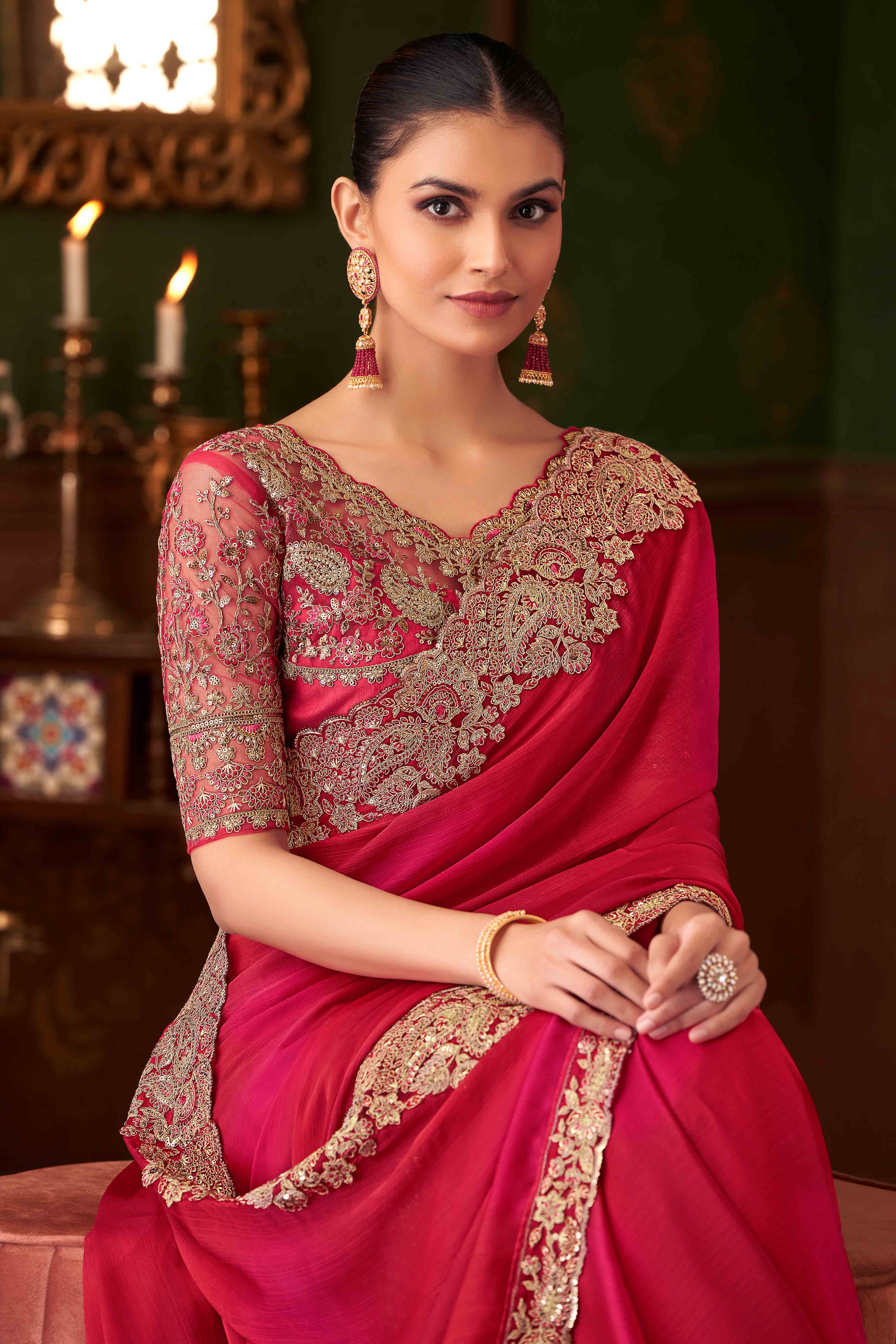 Pink Sequins Embroidered Chiffon Saree