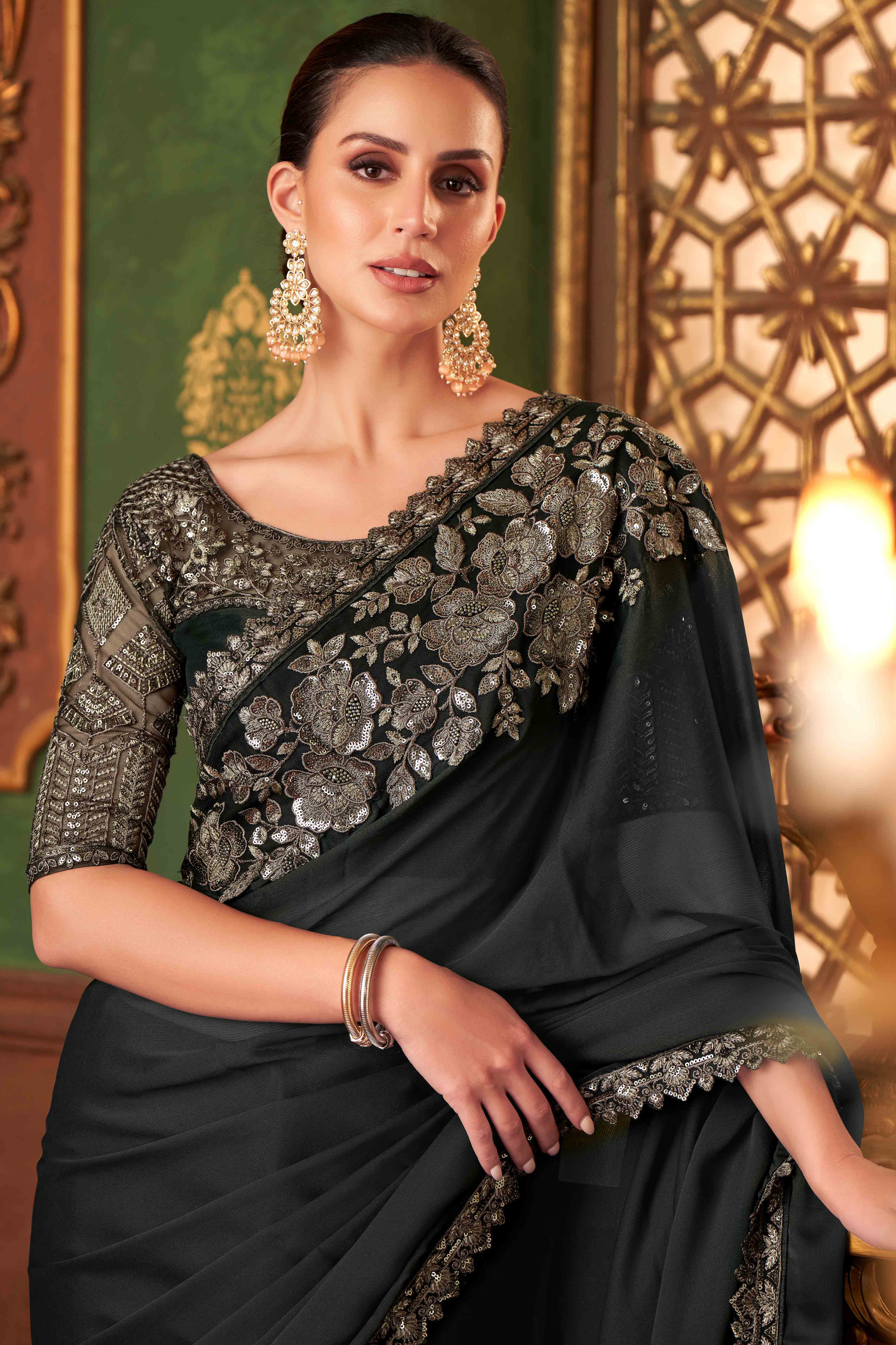 Black Sequins Embroidered Chiffon Saree