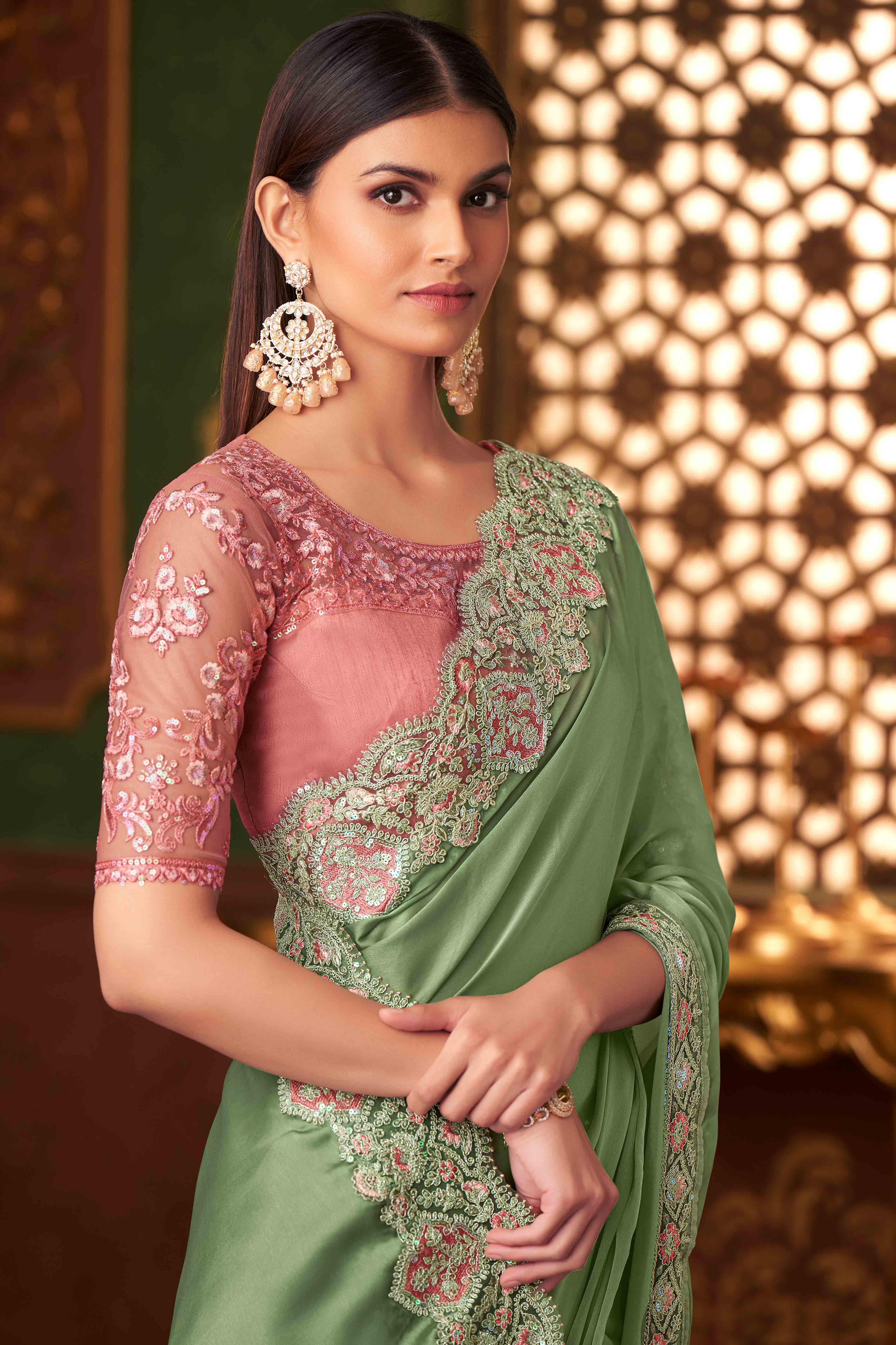 Pista Green Sequins Embroidered Satin Saree