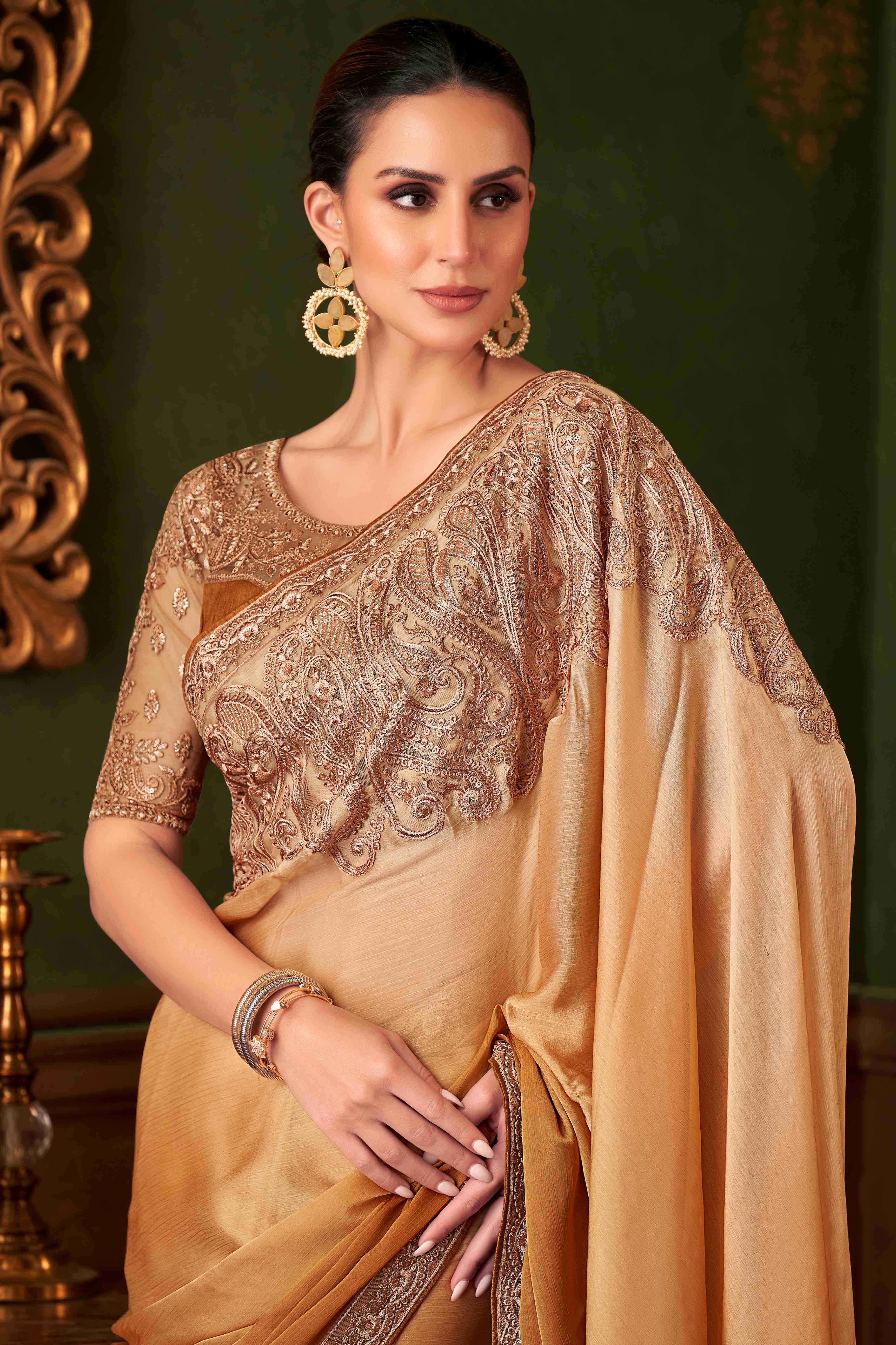 Light Brown Sequins Embroidered Chiffon Saree