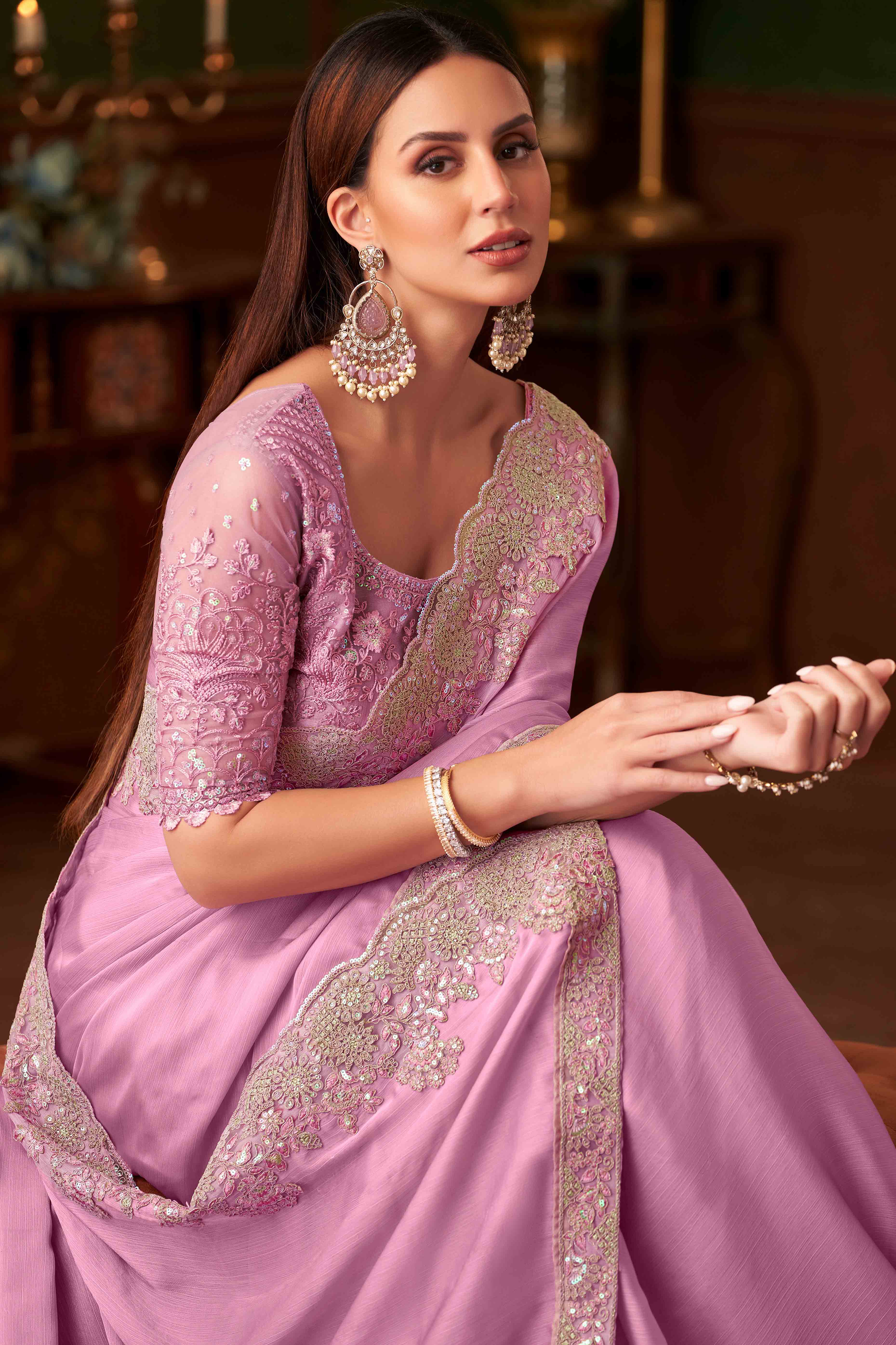 Baby Pink Sequins Embroidered Chiffon Saree