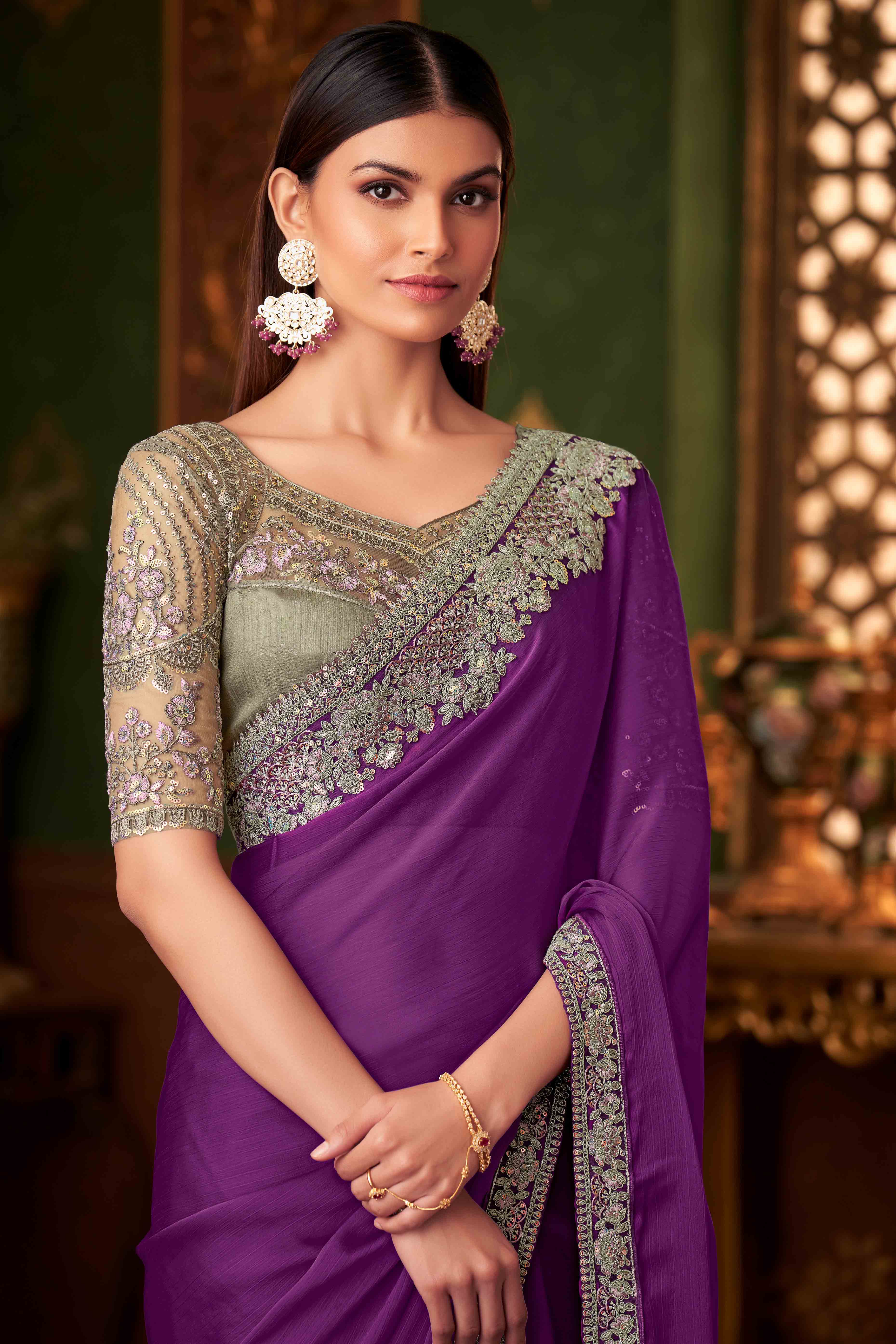 Purple Sequins Embroidered Chiffon Saree