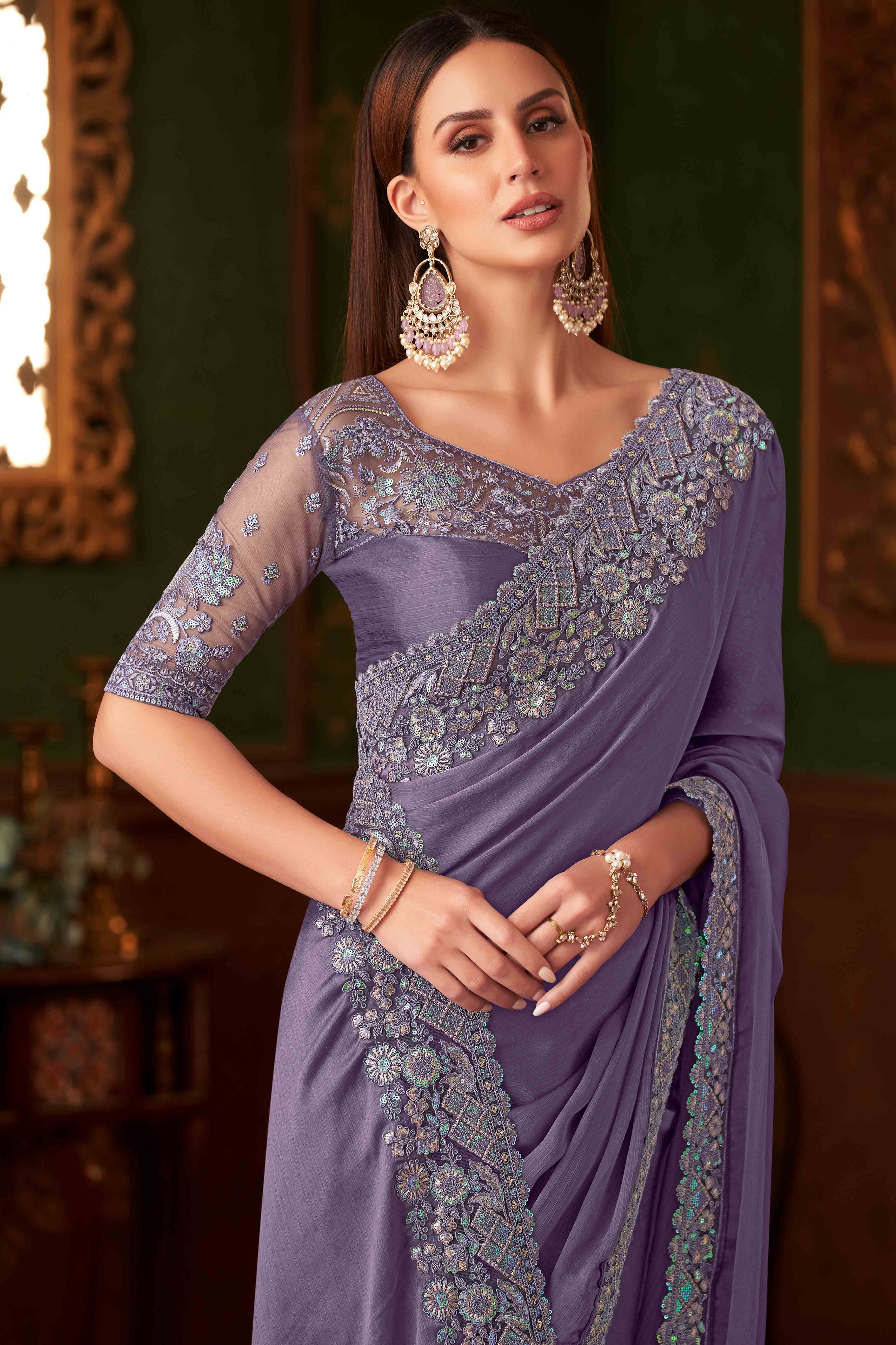 Light Purple Sequins Embroidered Chiffon Saree