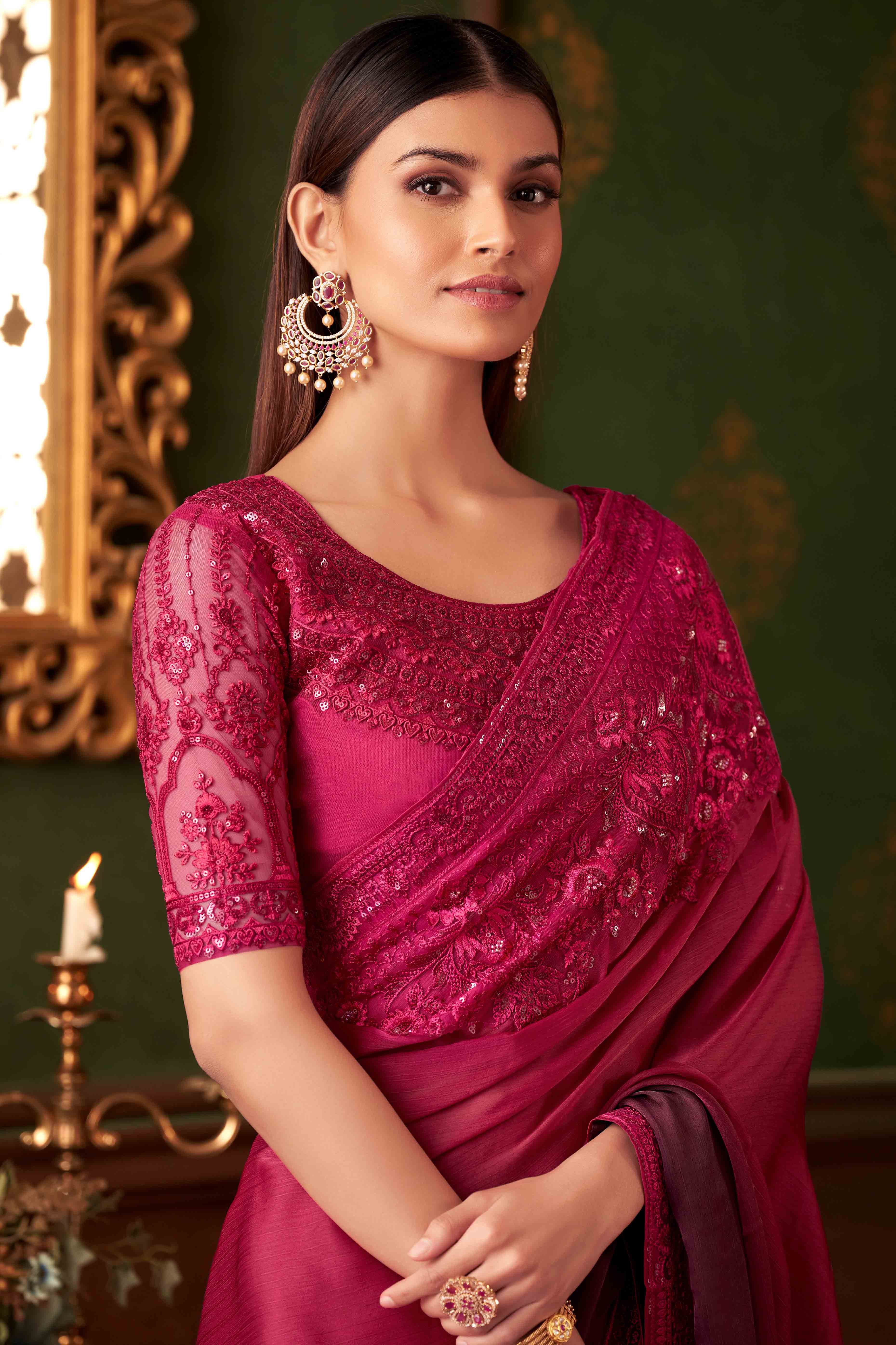 Burnt Pink Sequins Embroidered Chiffon Saree