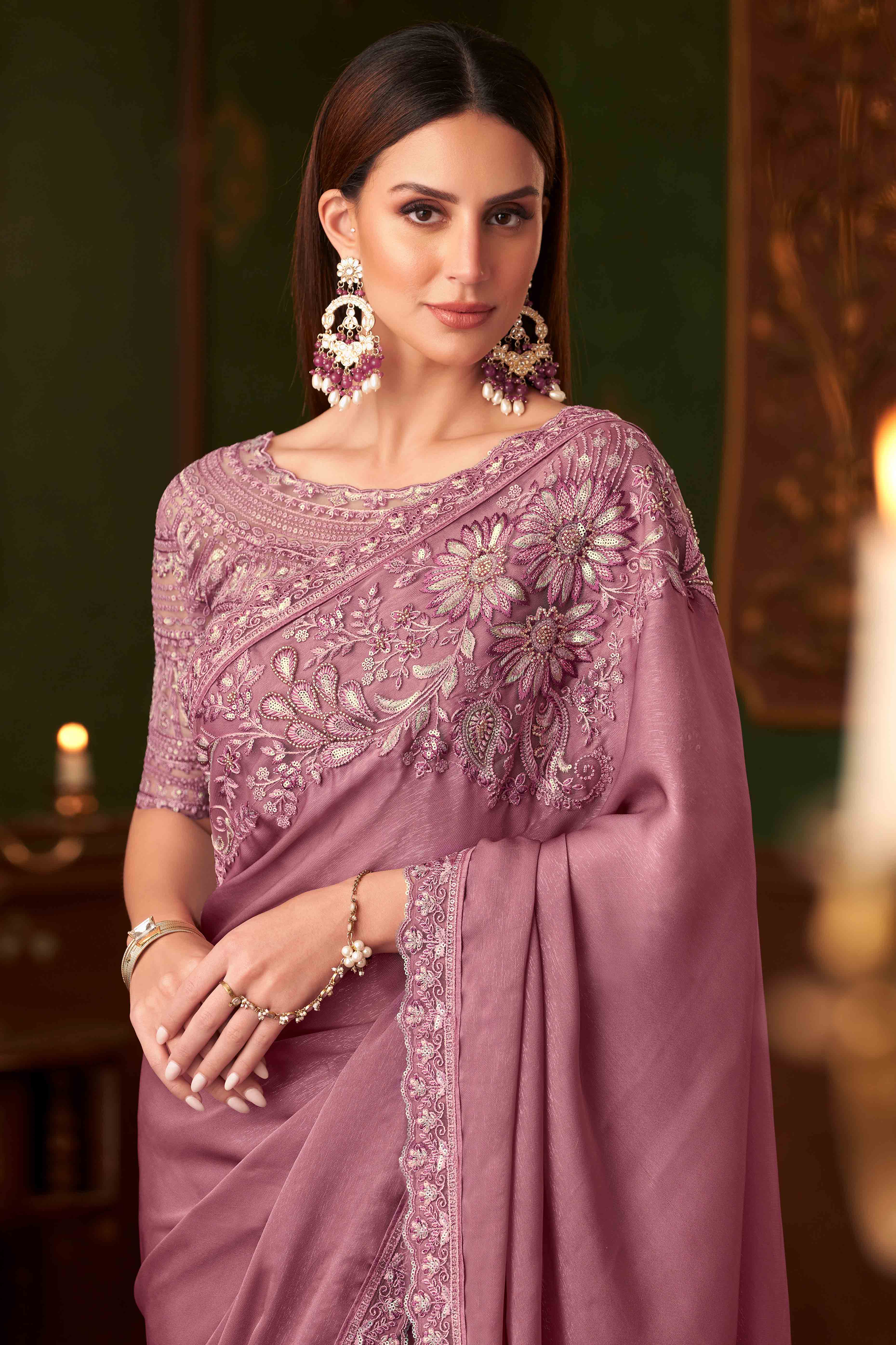 Dusty Pink Sequins Embroidered Georgette Saree