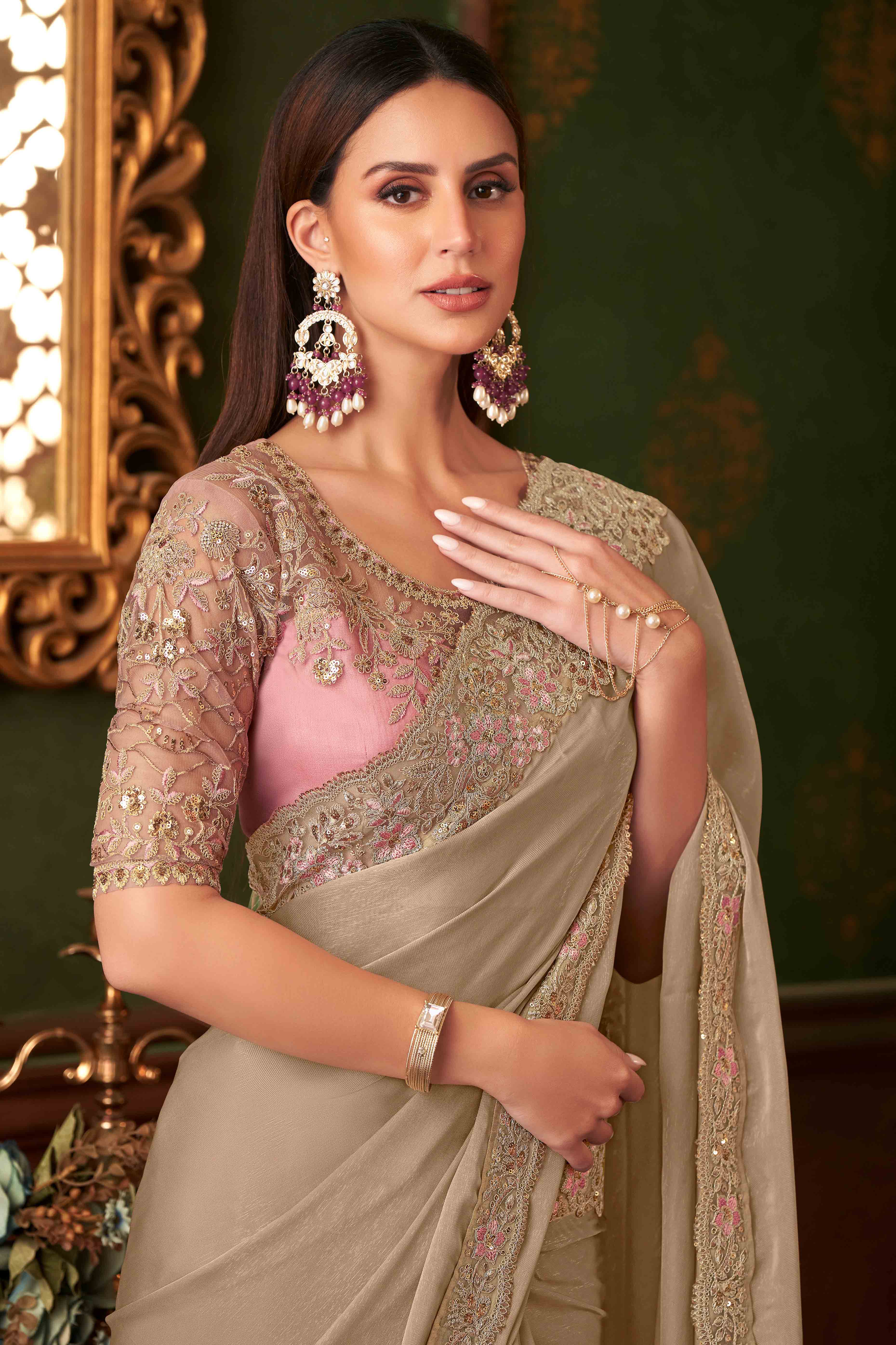 Beige Sequins Embroidered Georgette Saree