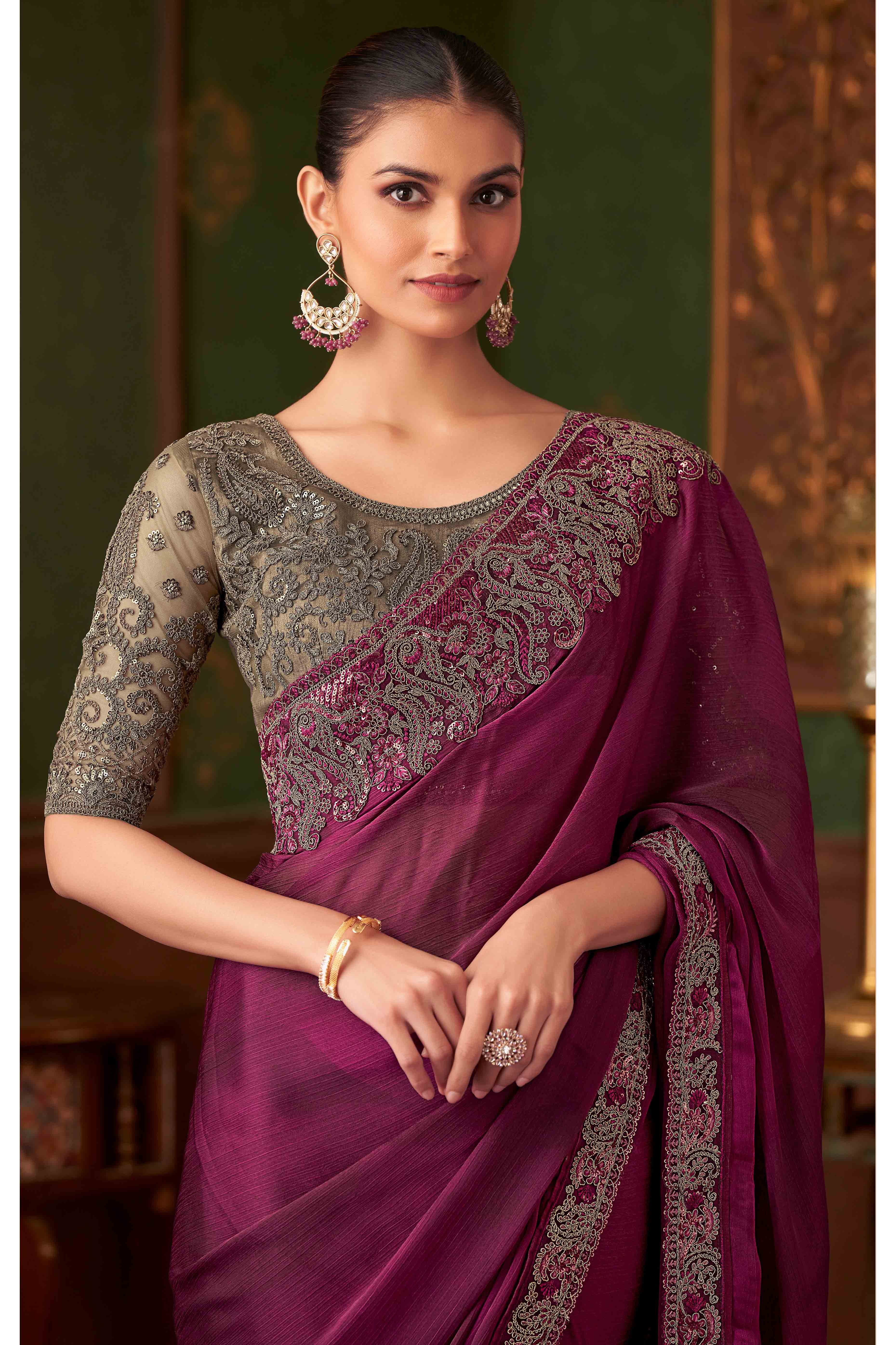 Magenta Sequins Embroidered Chiffon Saree