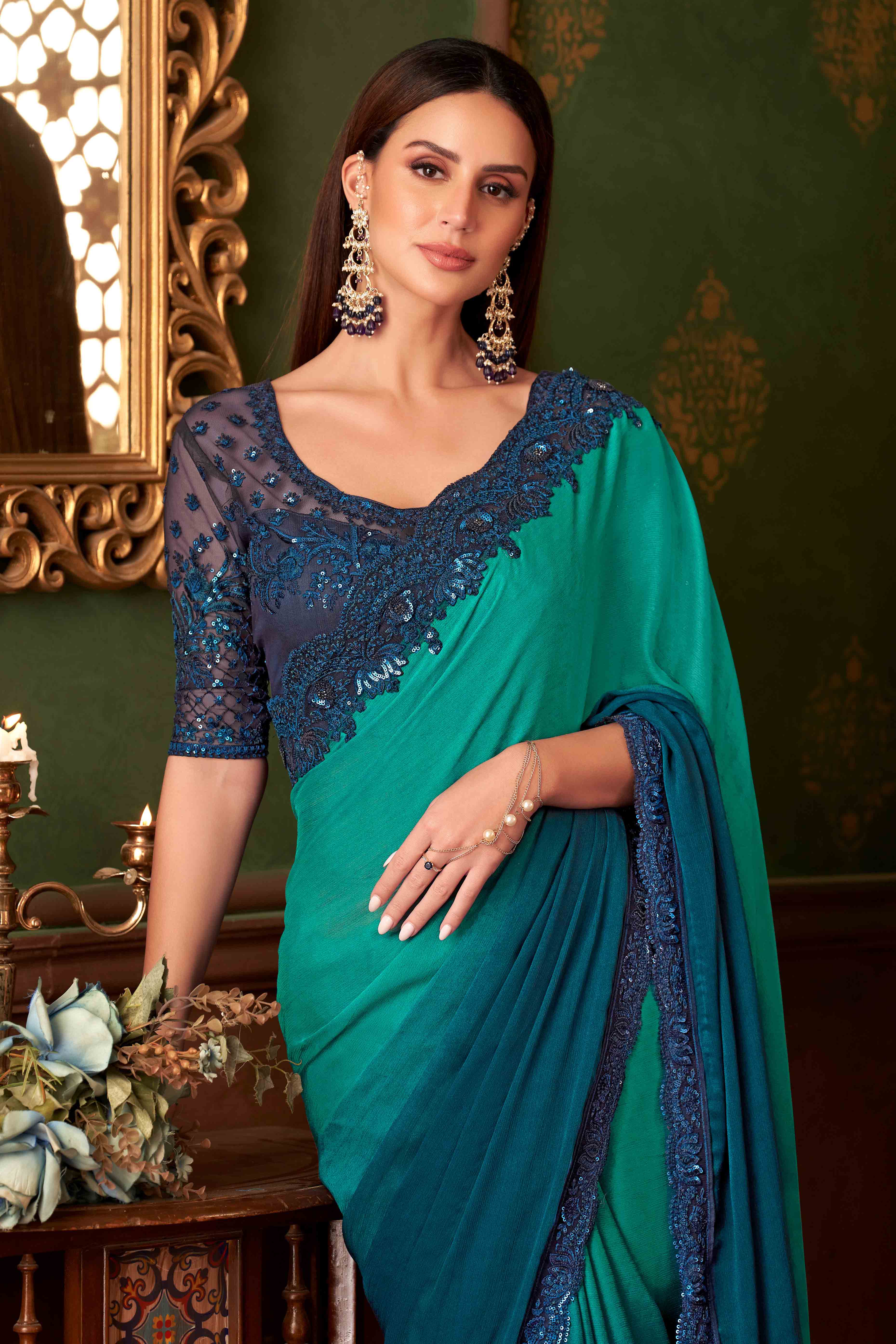 Morpich Green Sequins Embroidered Chiffon Saree