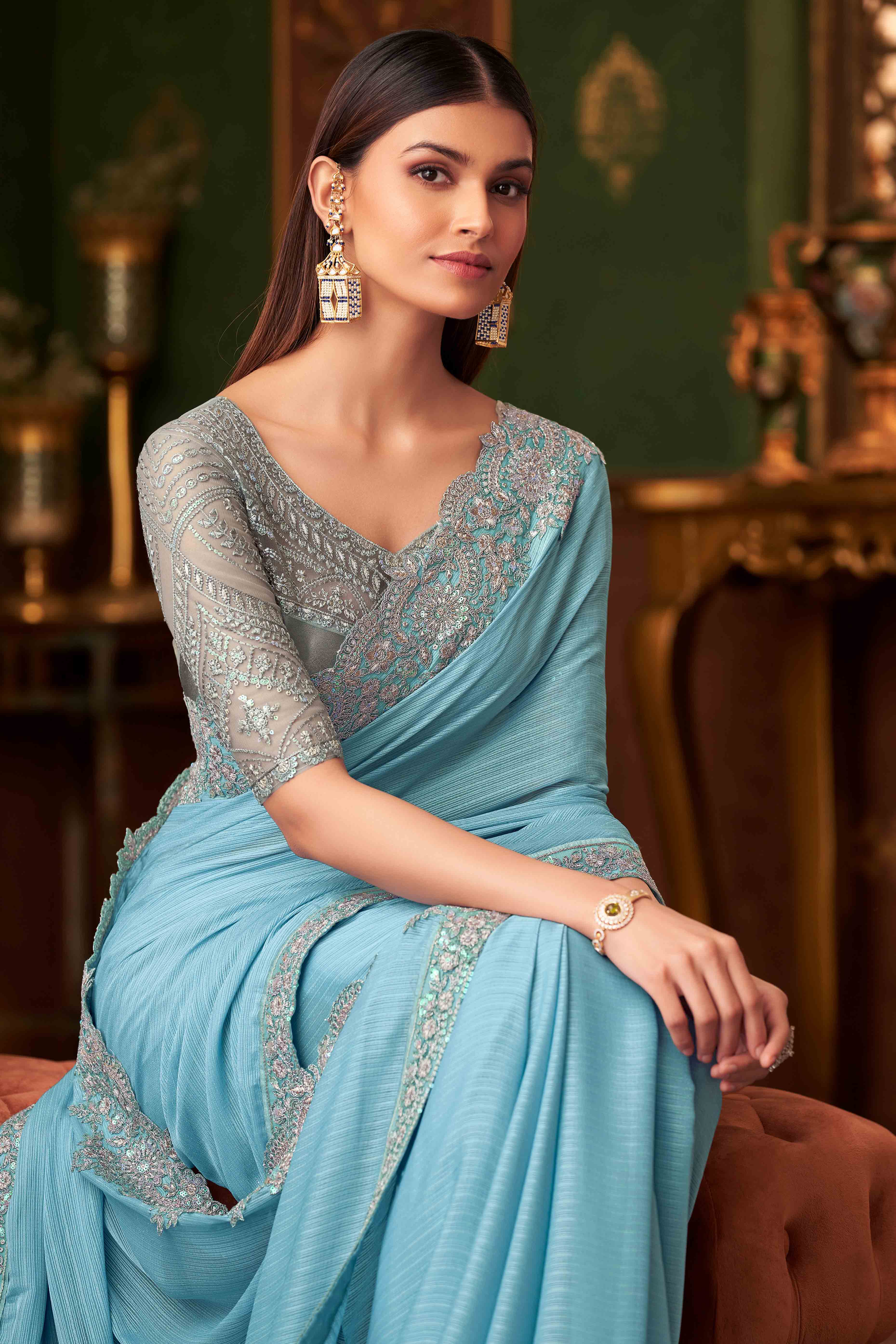 Sky Blue Sequins Embroidered Satin Saree