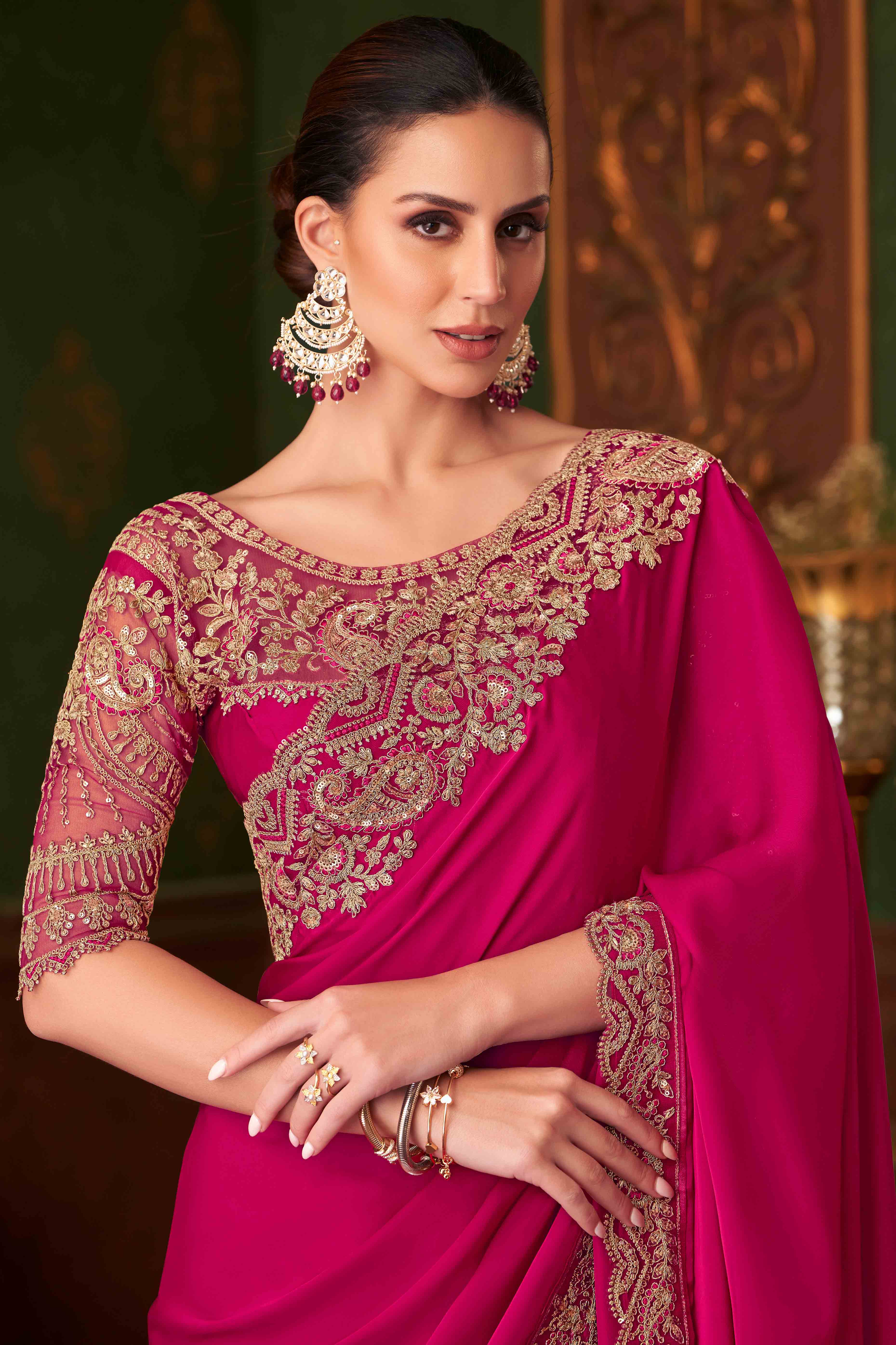 Hot Pink Sequins Embroidered Satin Saree