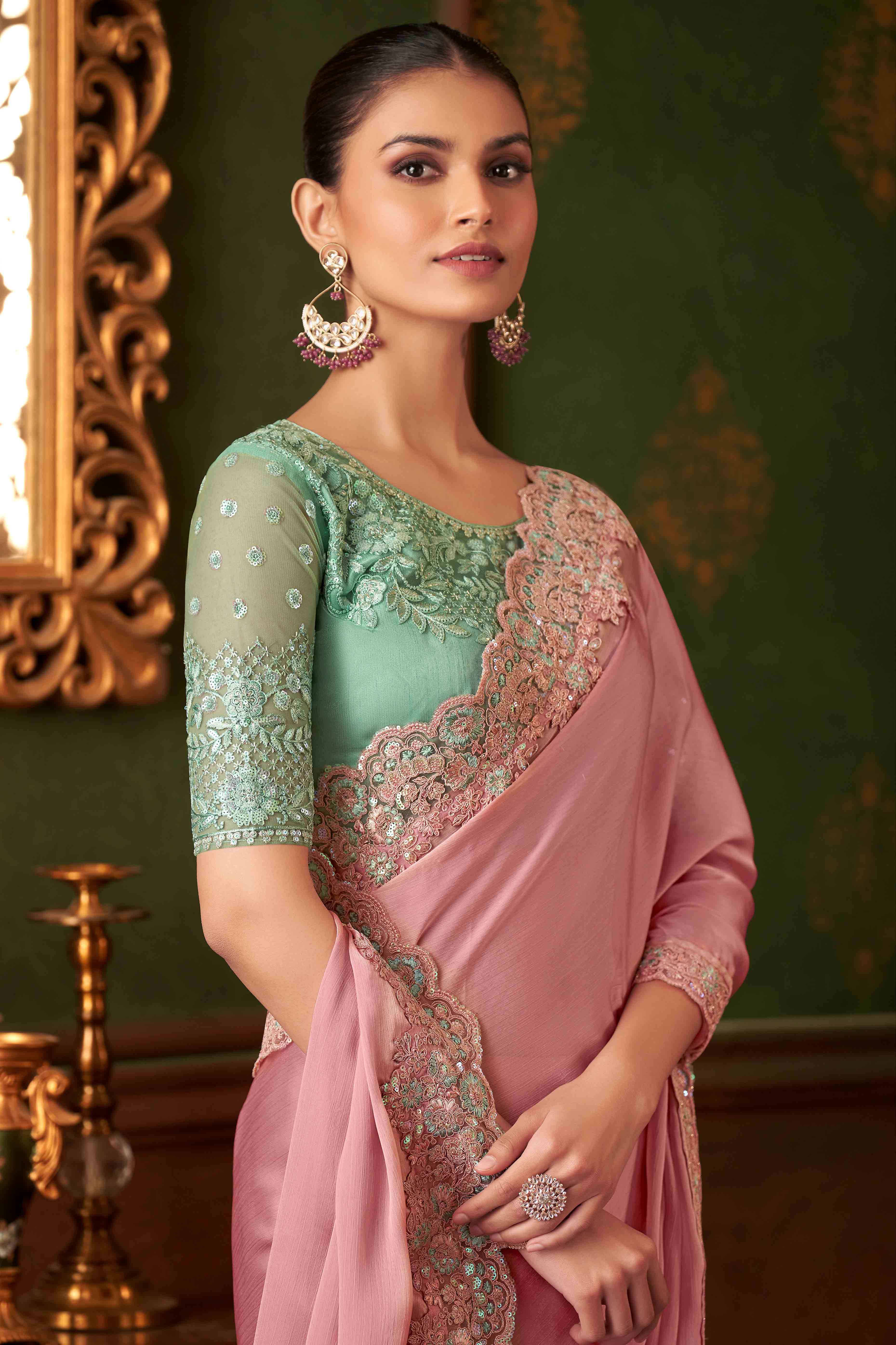 Pastel Pink Sequins Embroidered Chiffon Saree