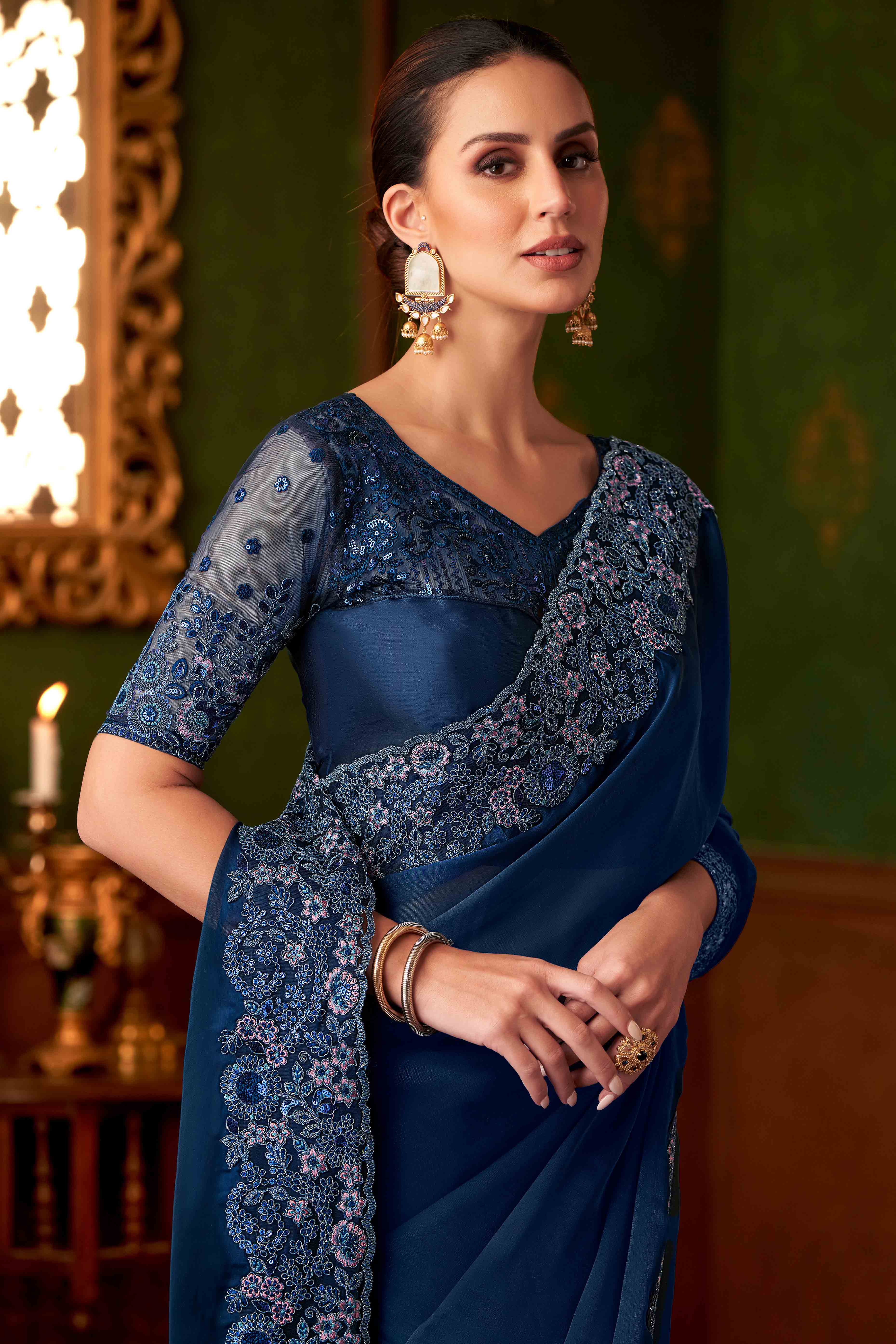 Navy Blue Sequins Embroidered Satin Saree