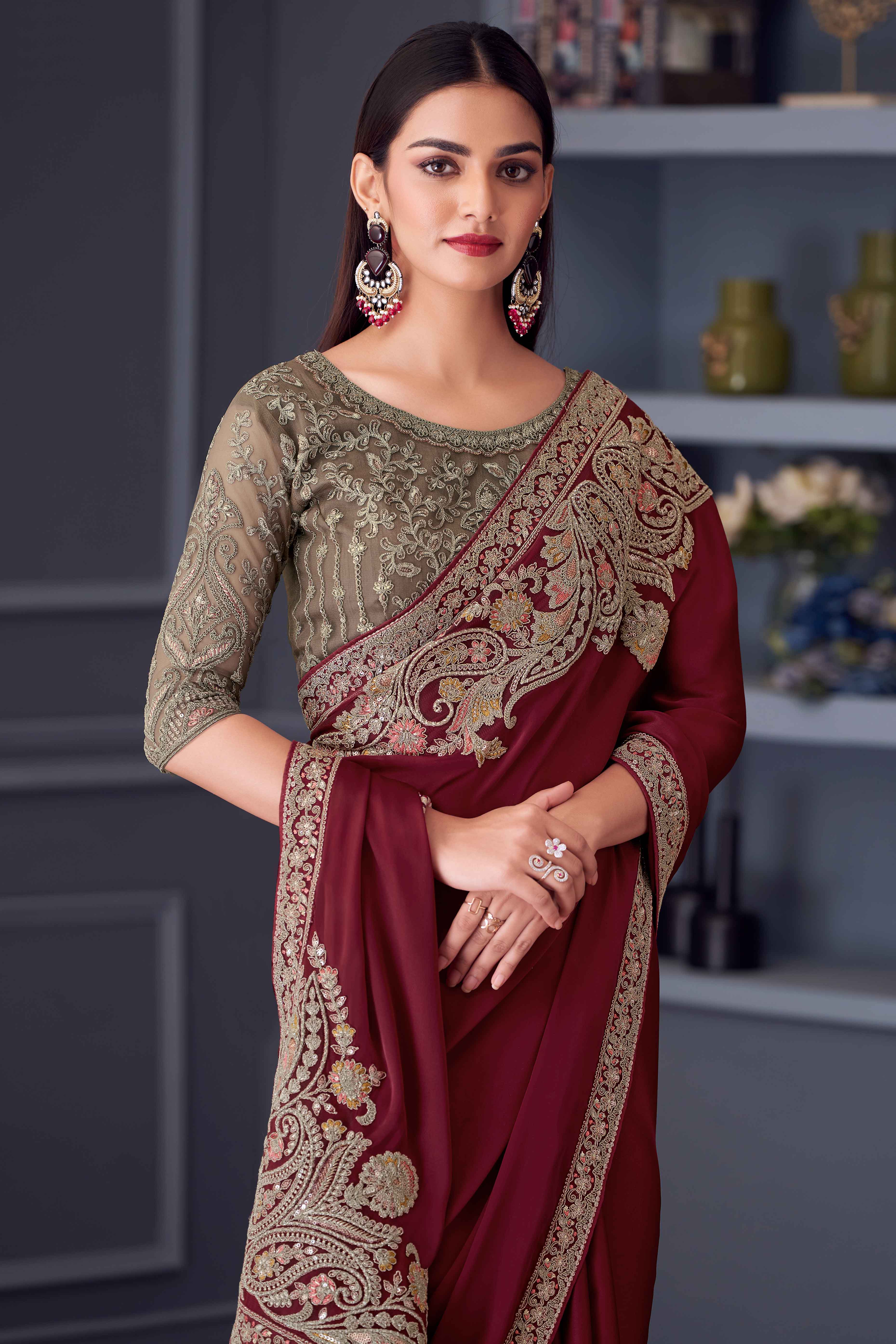 Maroon Sequins Embroidered Satin Saree