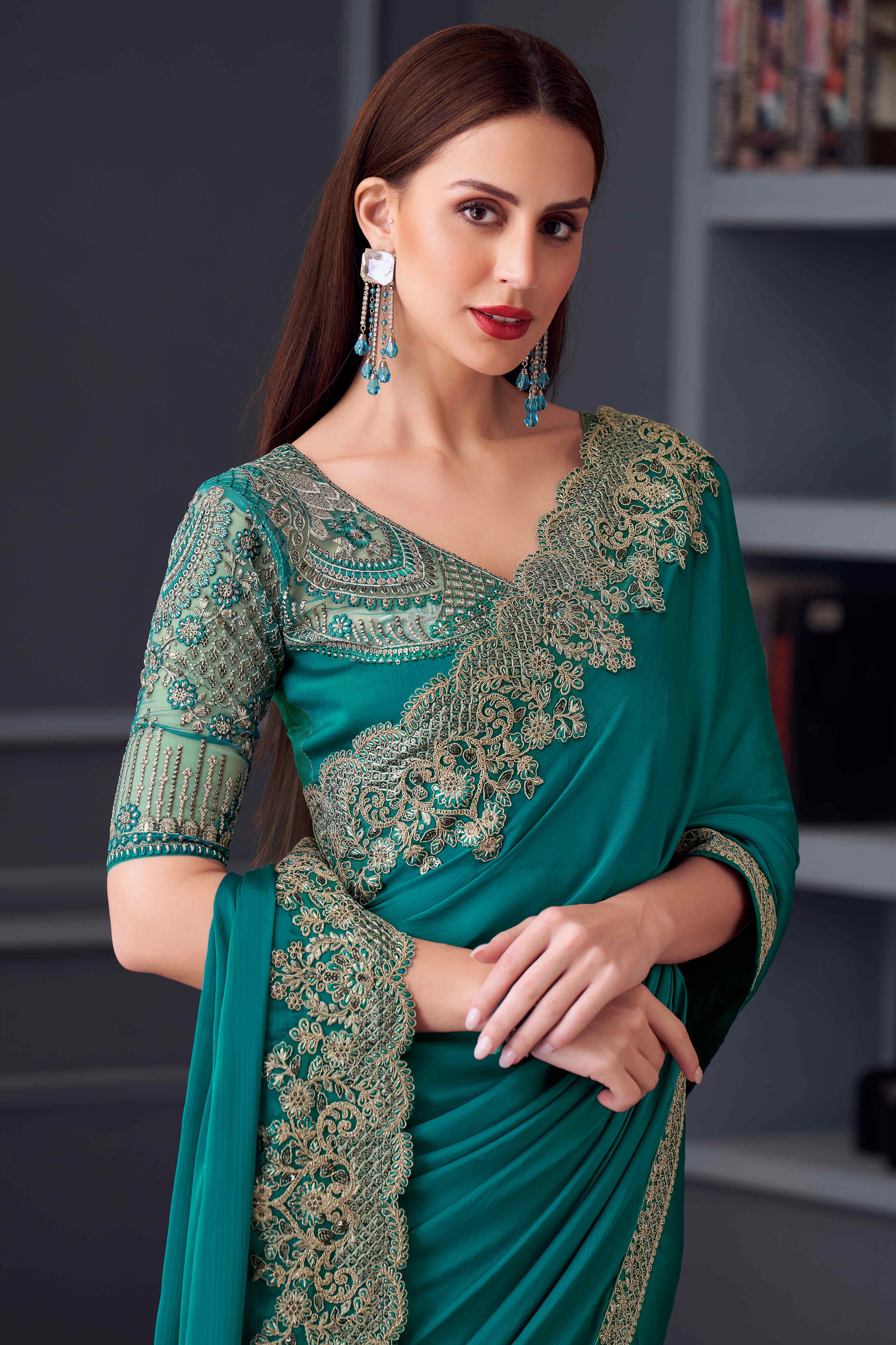 Teal Sequins Embroidered Satin Saree