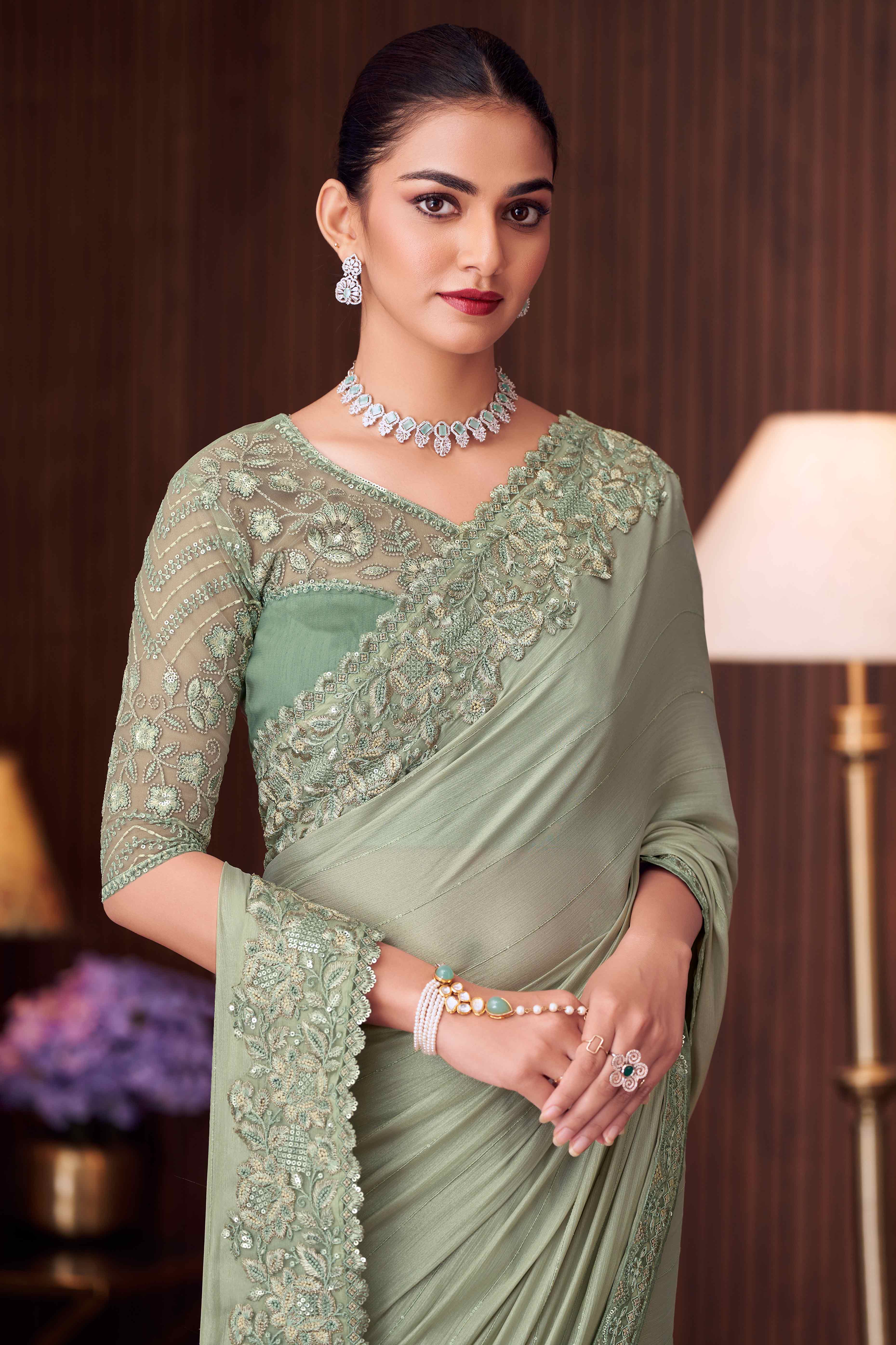 Dusty Green Sequins Embroidered Crepe Saree