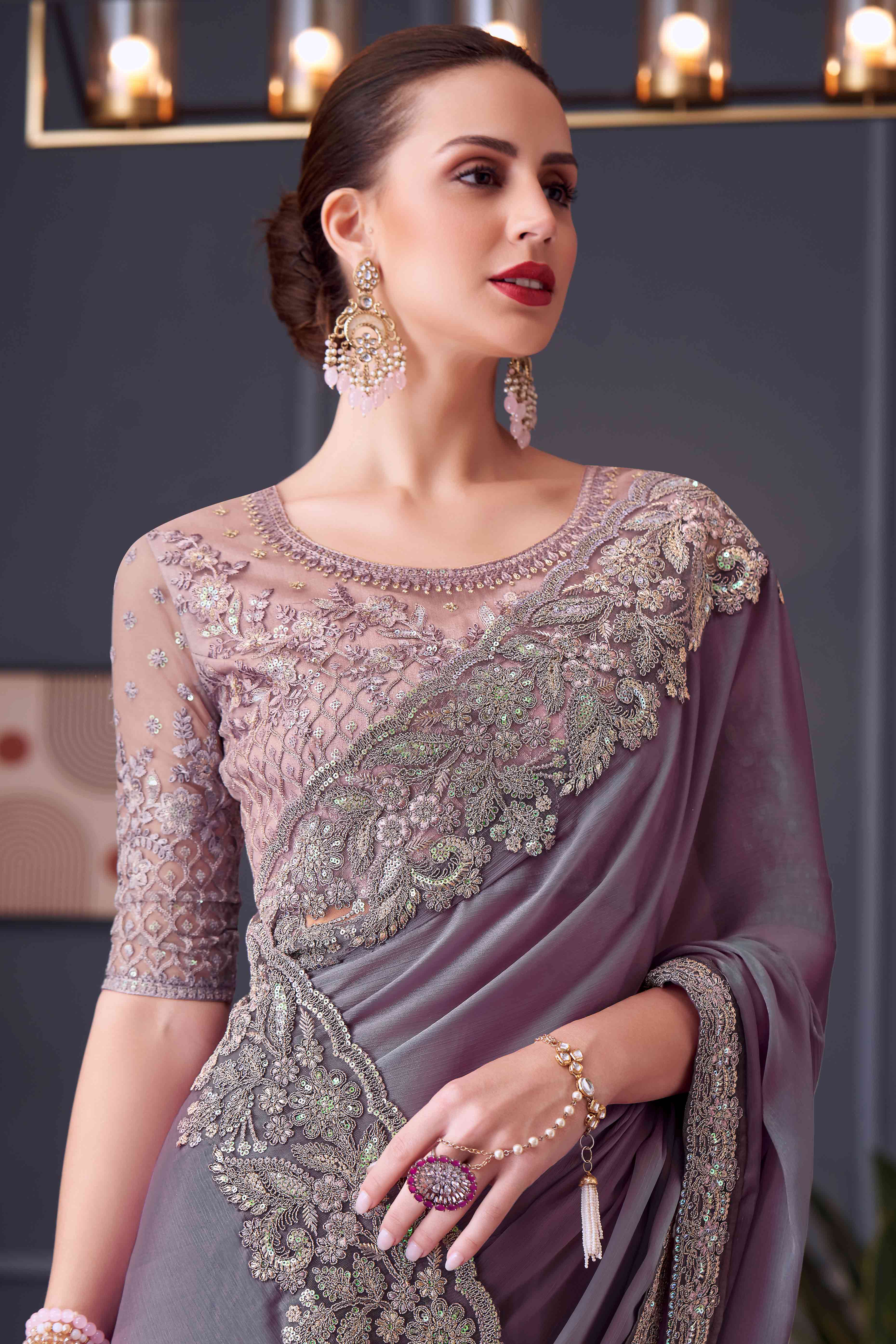 Soft Lavender Sequins Embroidered Chiffon Saree