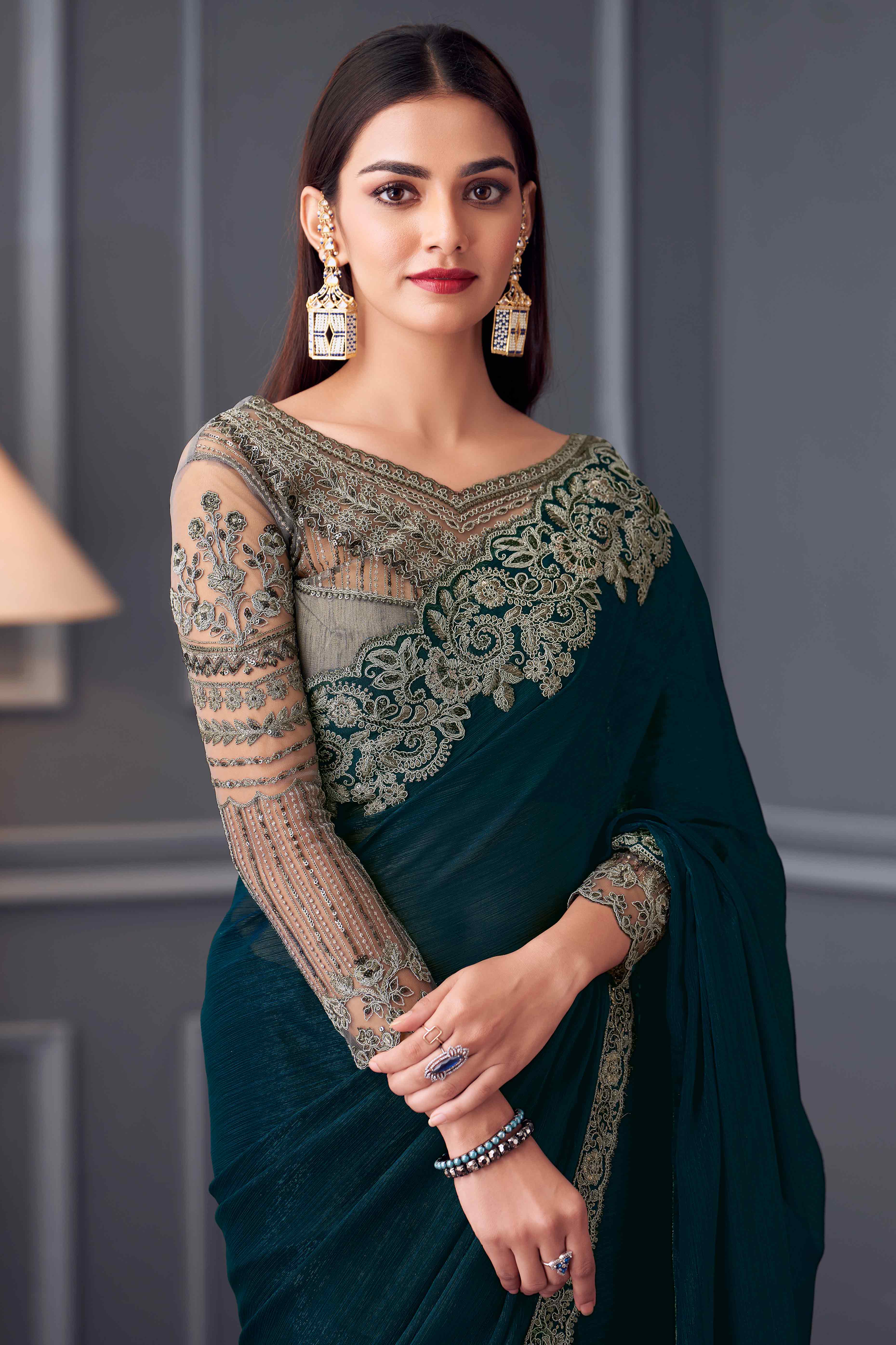 Morpich Green Sequins Embroidered Georgette Saree