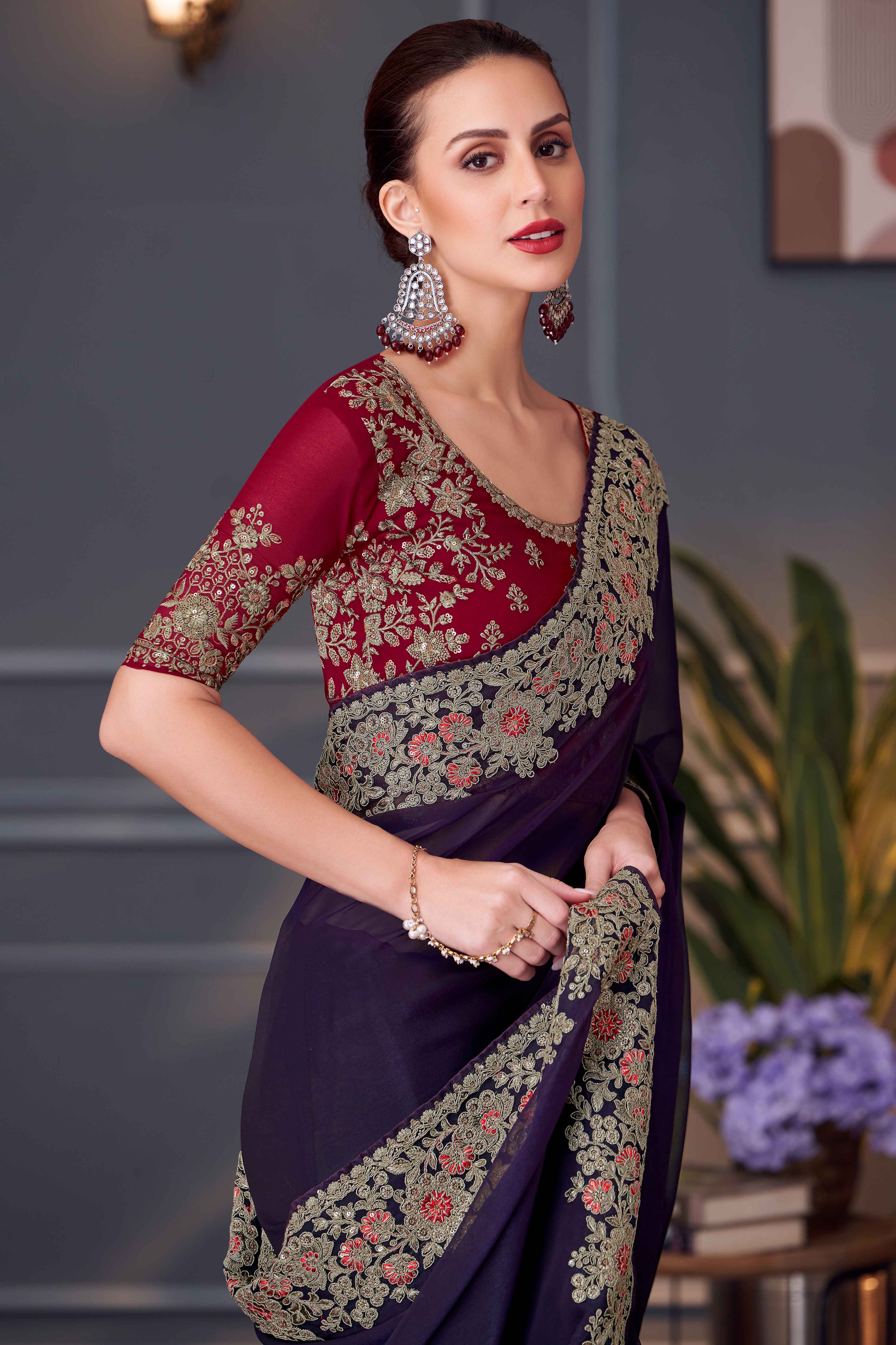 Purple Sequins Embroidered Georgette Saree