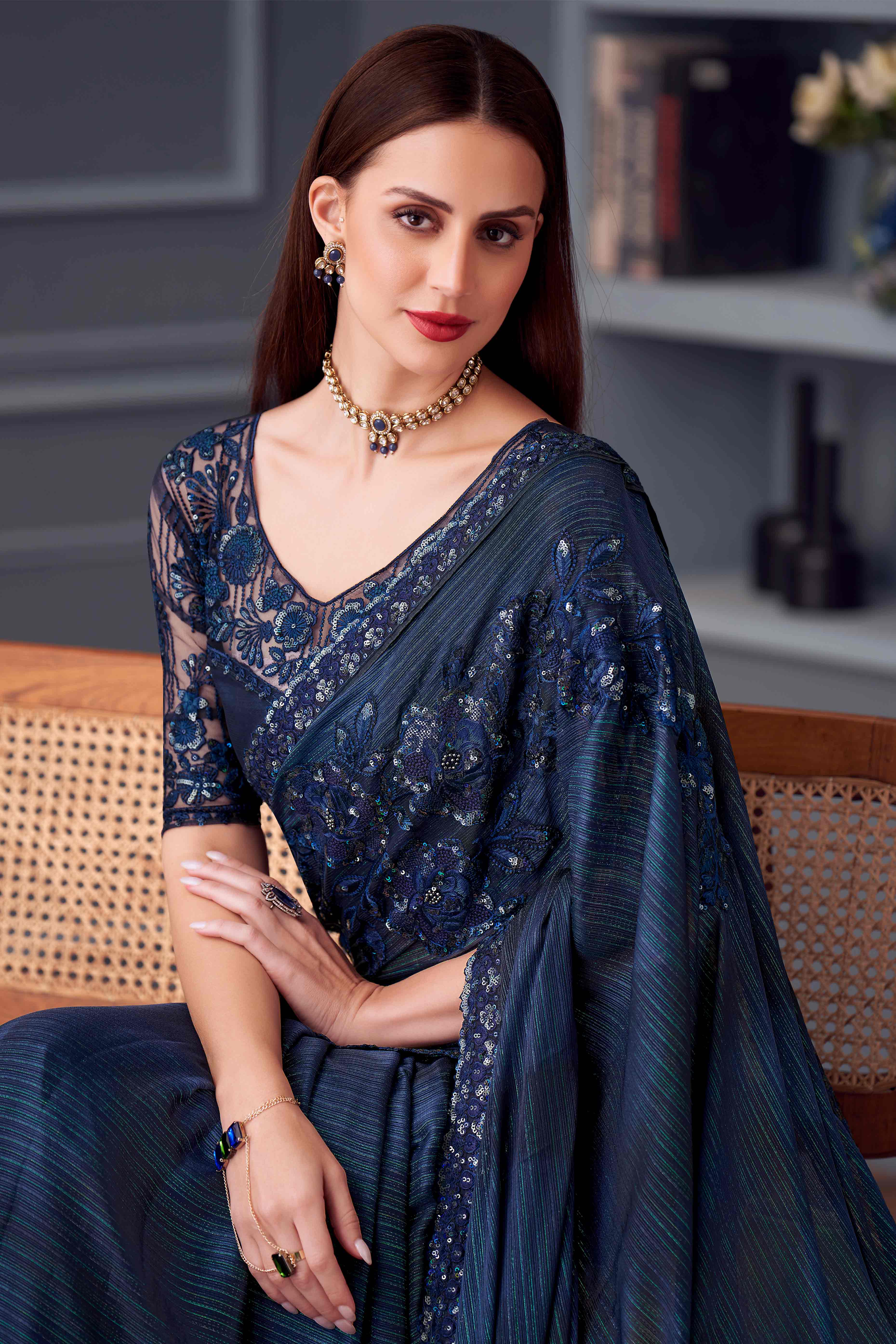 Blue Sequins Embroidered Satin Saree