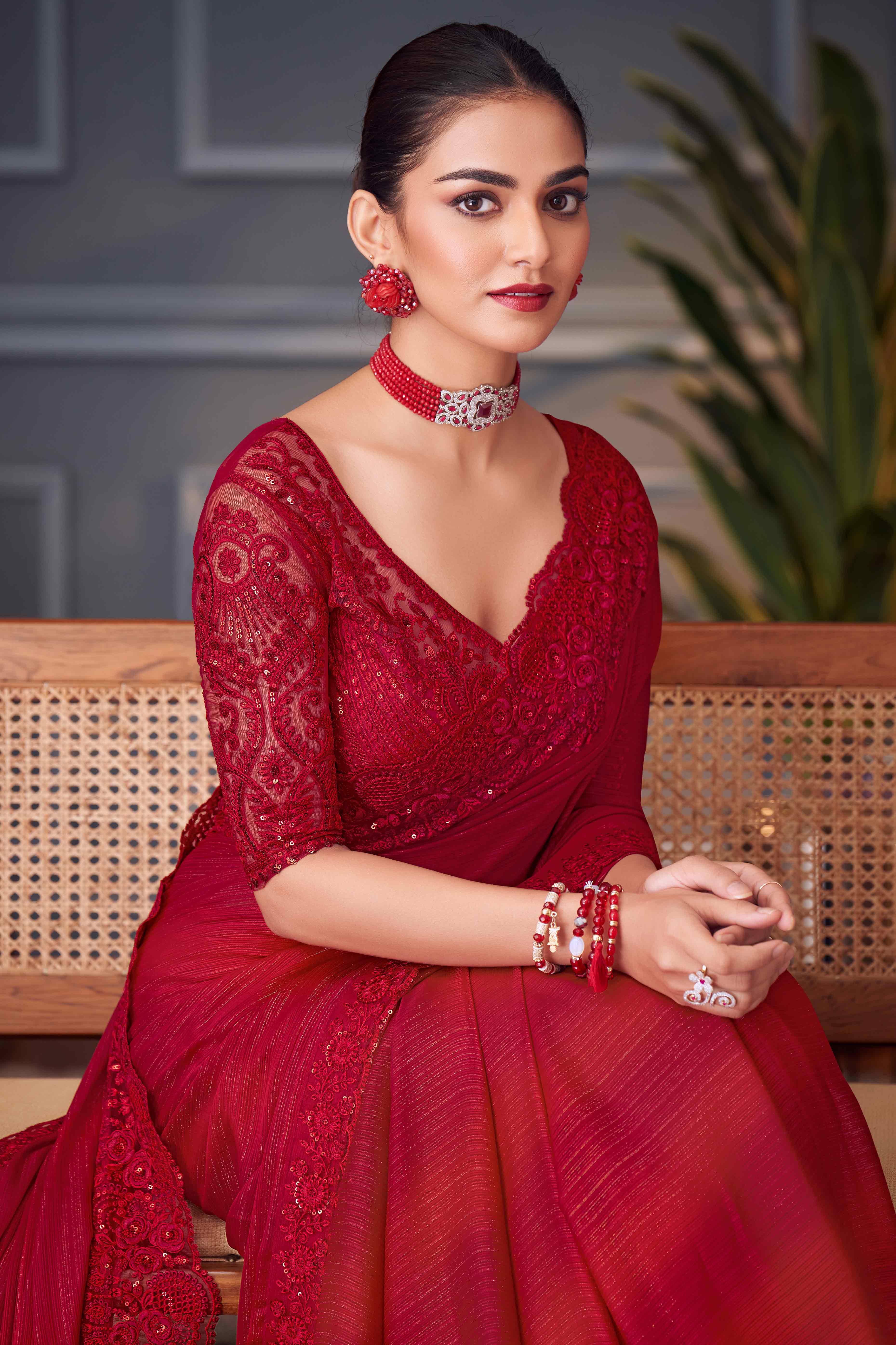 Red Sequins Embroidered Satin Saree