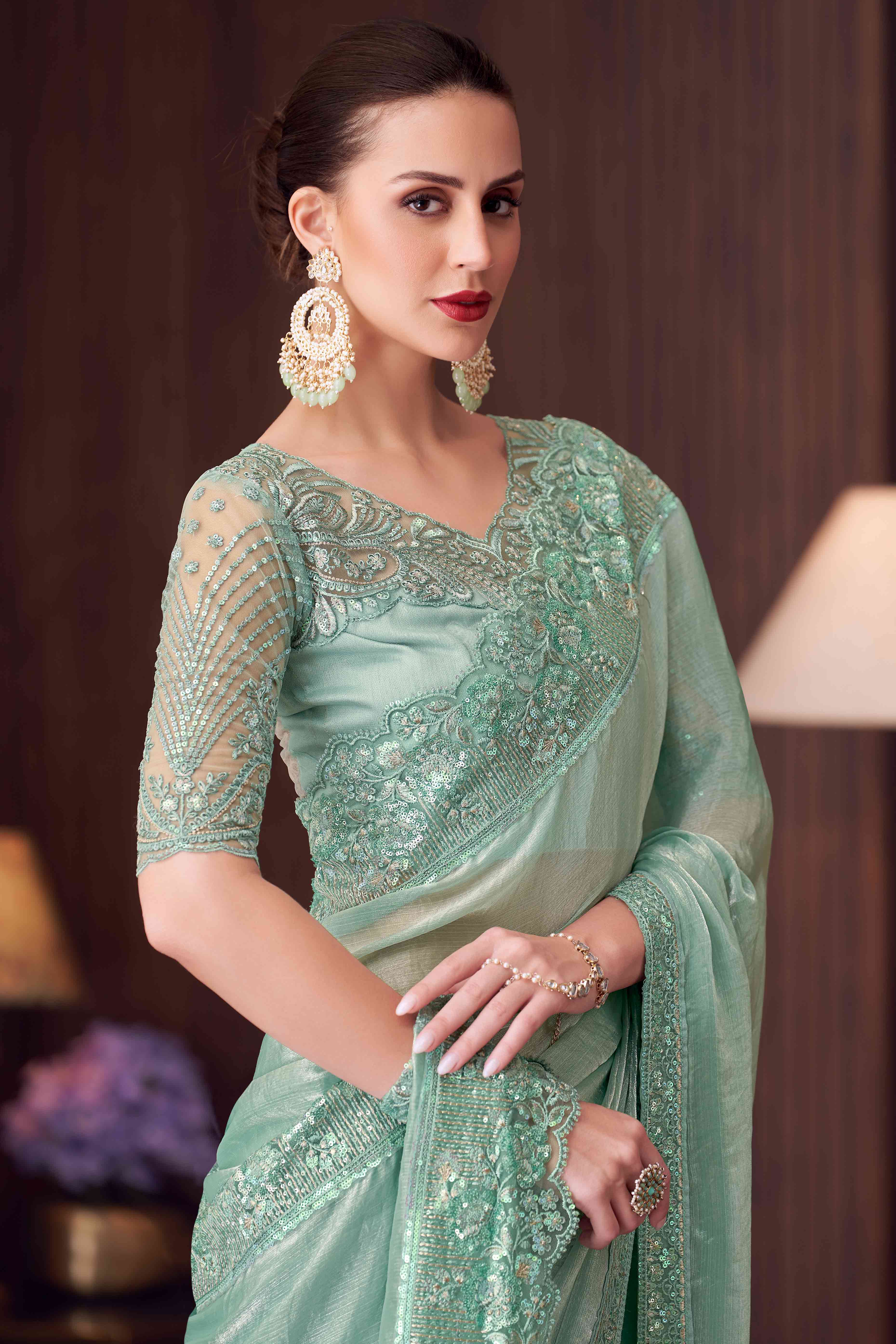 Sea Green Sequins Embroidered Chiffon Saree