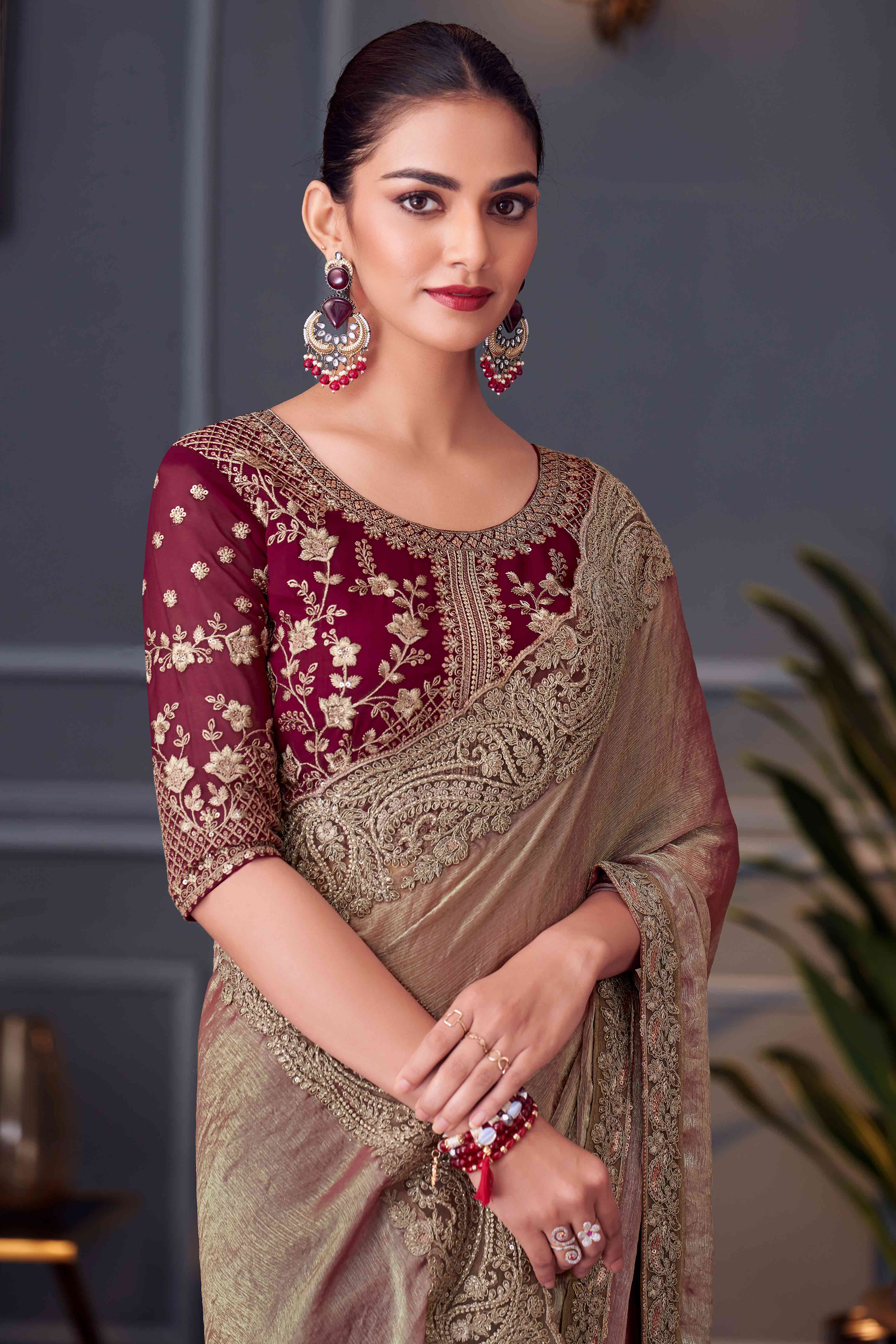 Chikoo Sequins Embroidered Chiffon Saree