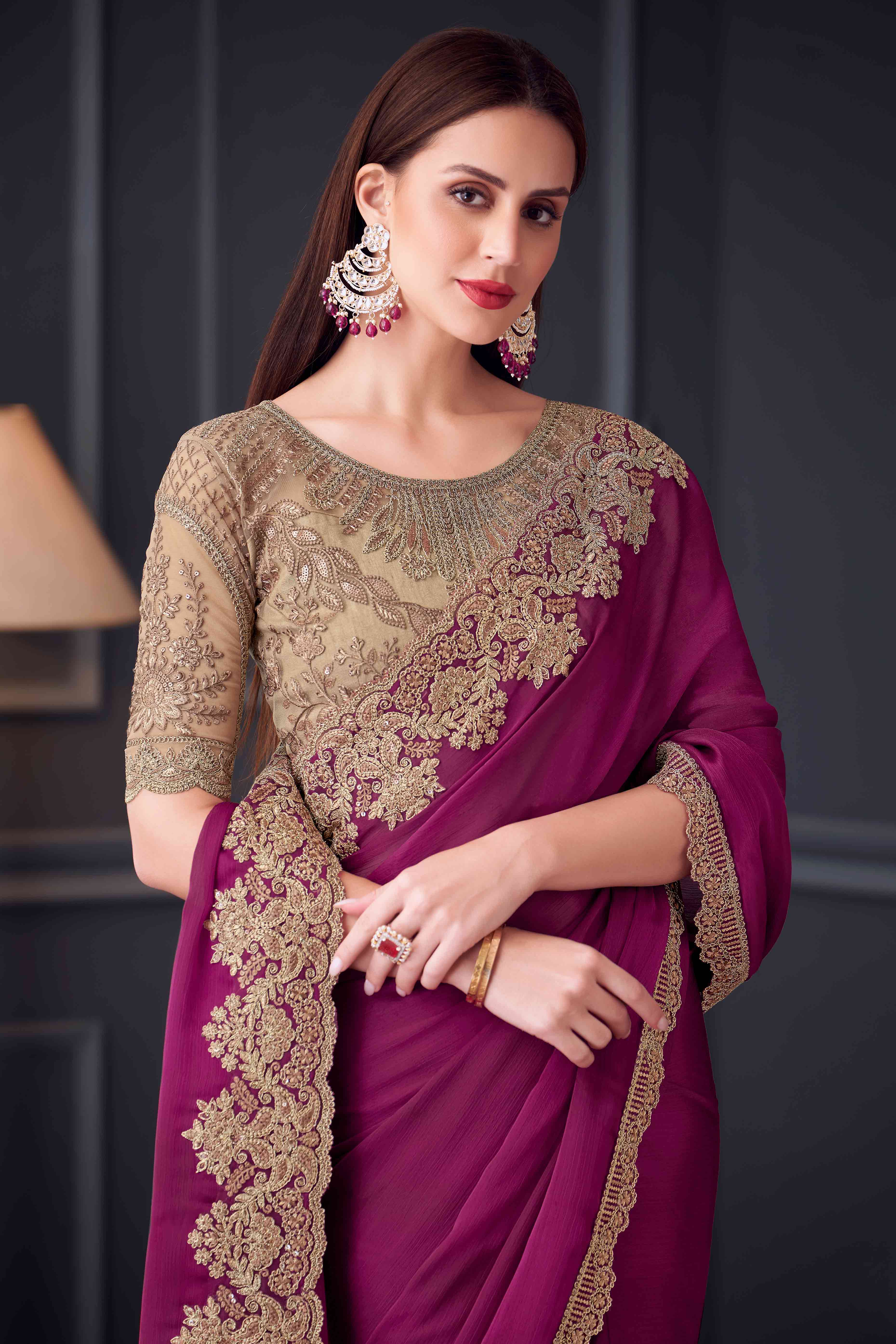 Magenta Sequins Embroidered Satin Saree