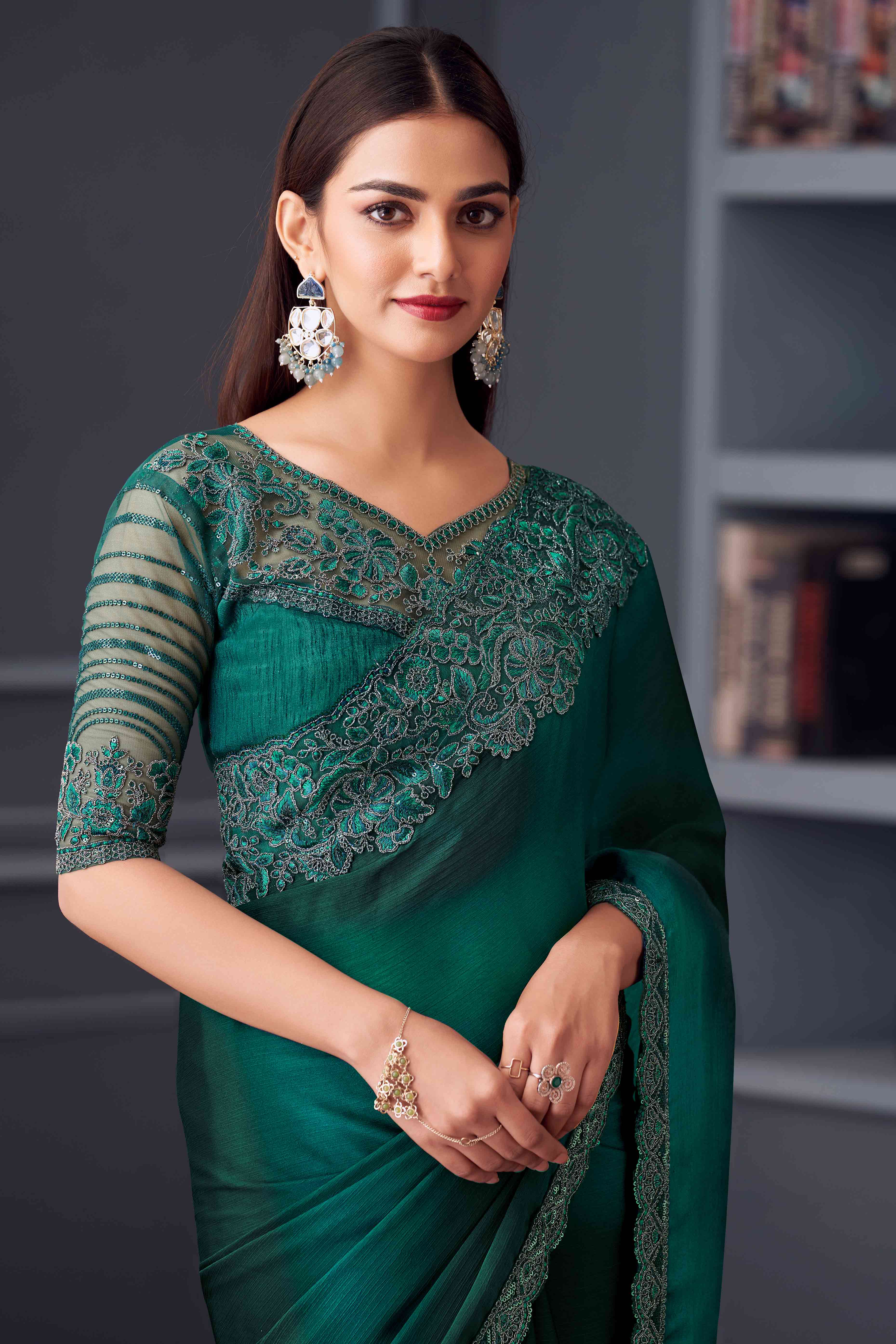 Green Sequins Embroidered Satin Saree