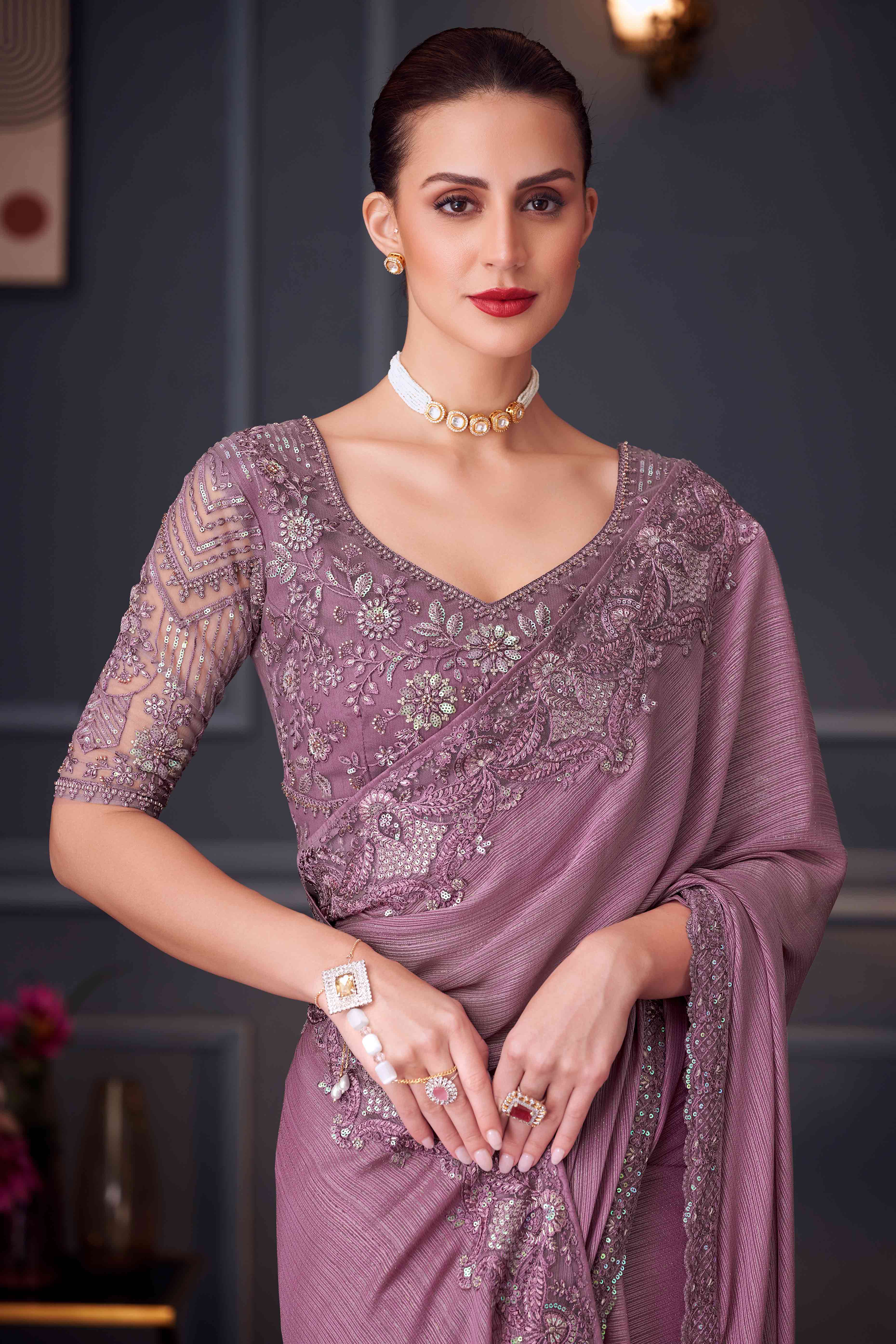 Mauve Sequins Embroidered Satin Saree