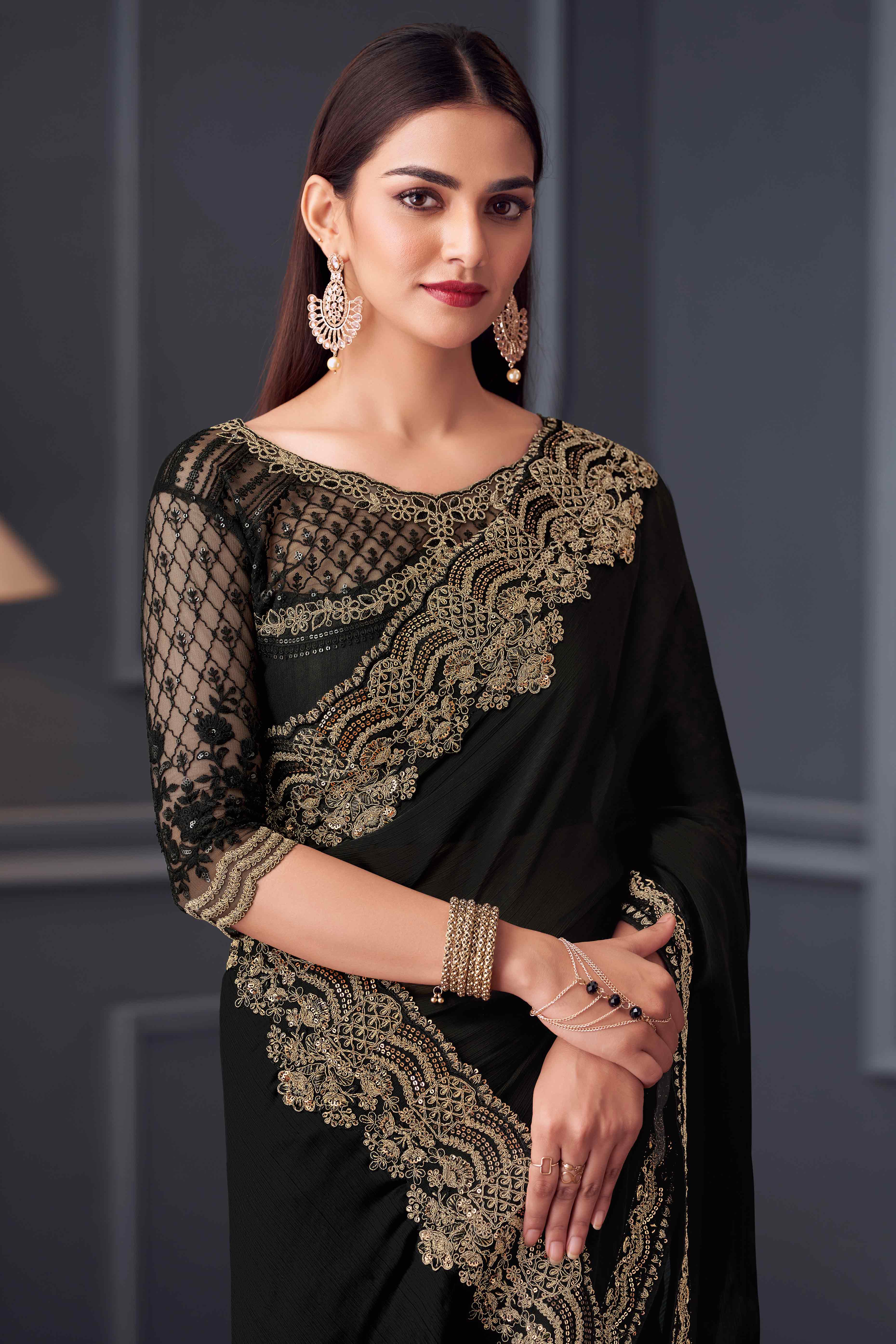 Black Sequins Embroidered Satin Saree