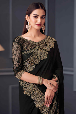 Black Sequins Embroidered Satin Saree