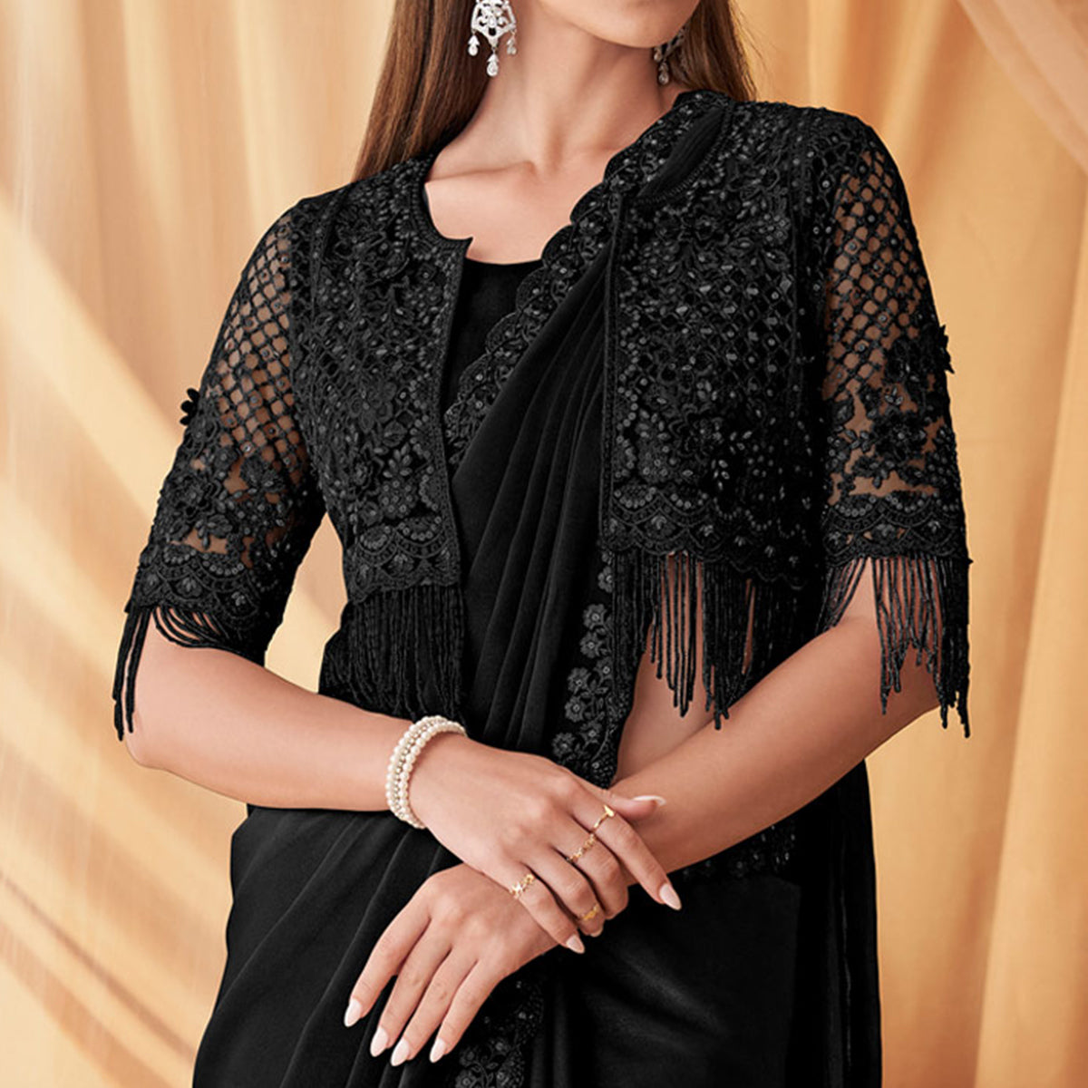 Black Embroidered Satin Saree With Jacket