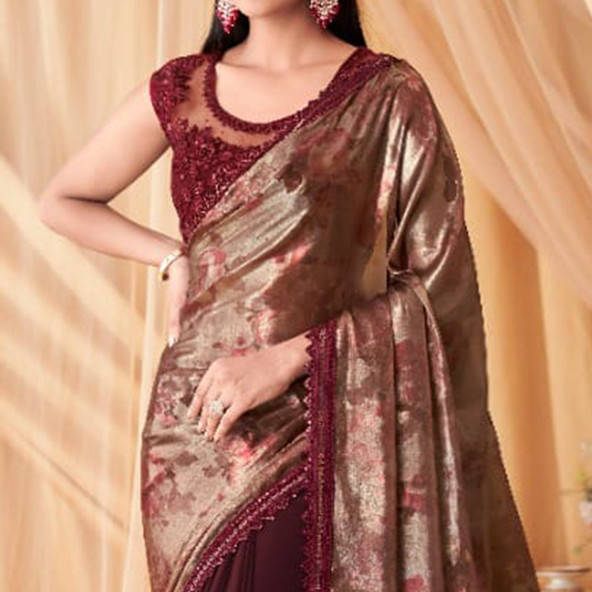 Maroon Sequins Embroidered Georgette Saree With Tassels