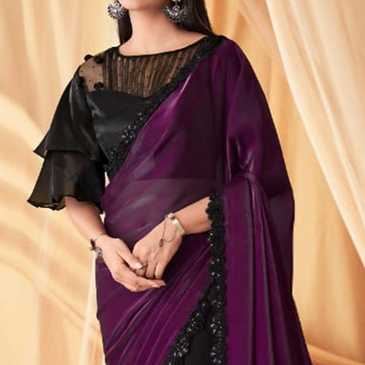 Purple & Black Sequins Embroidered Georgette Saree With Tassels