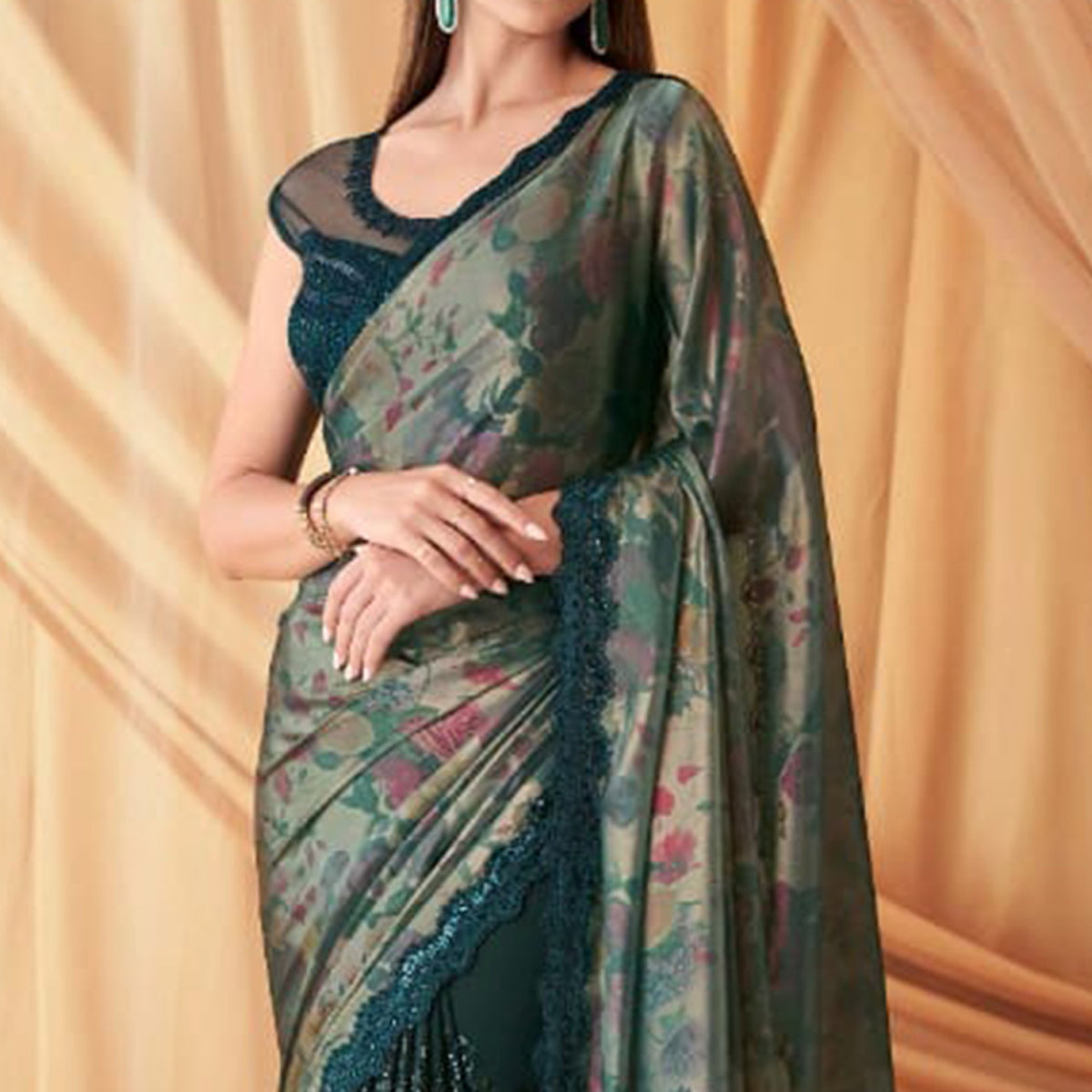 Teal Green Sequins Embroidered Georgette Saree With Tassels
